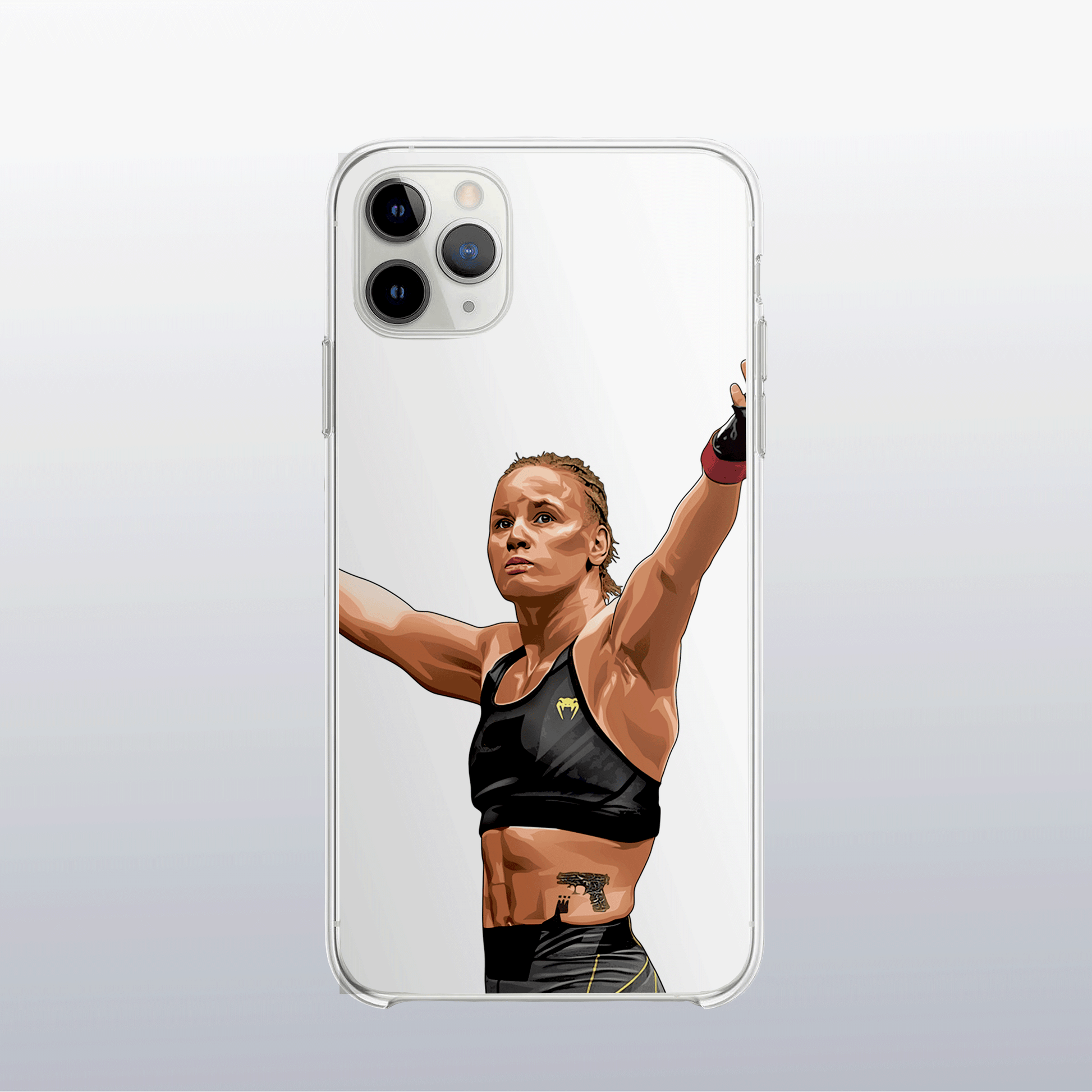 Coque transparente Valentina Shevchenko – silhouette de la combattante, style épuré et élégant.