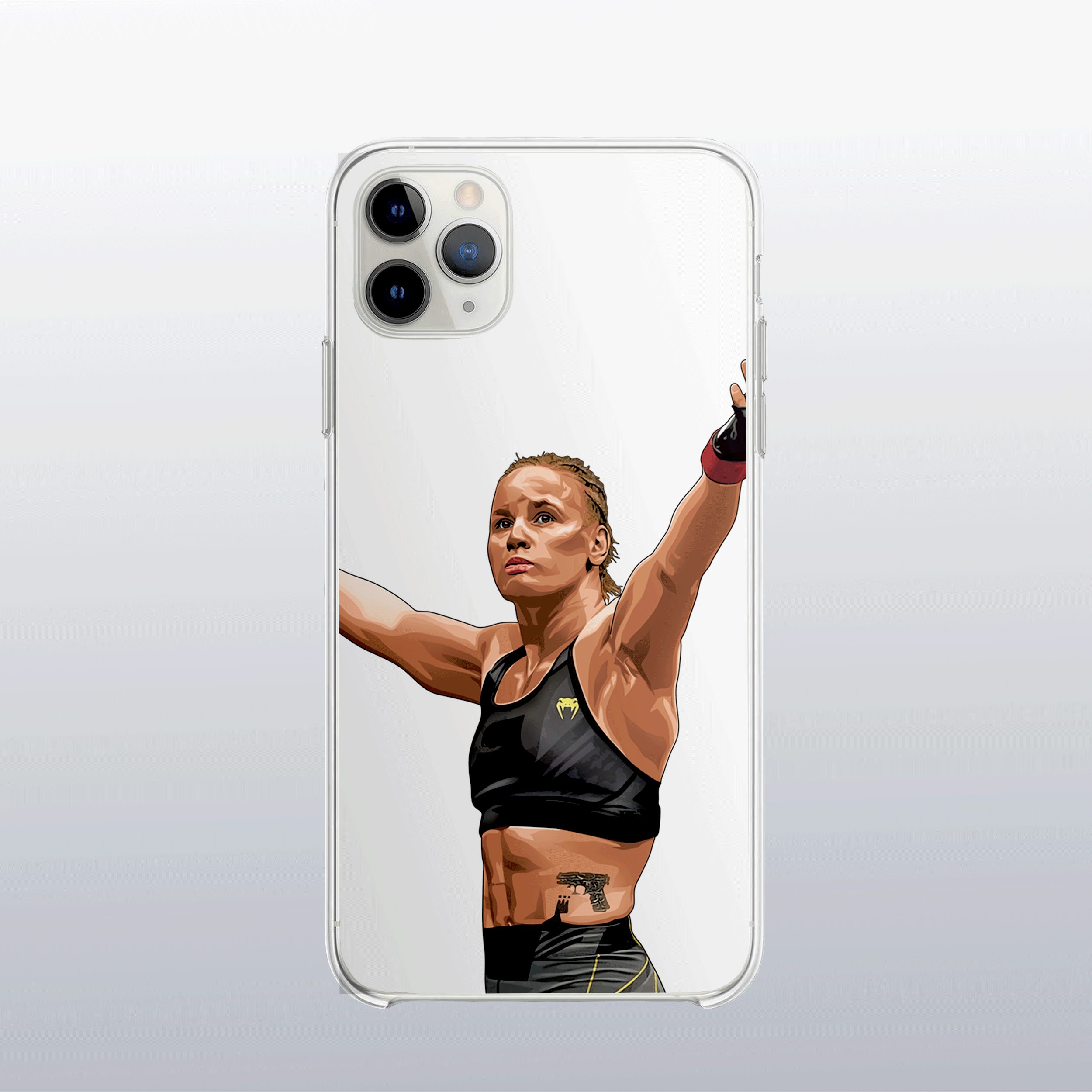 Coque transparente Valentina Shevchenko – silhouette de la combattante, style épuré et élégant.