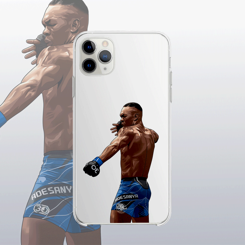 Coque transparente Israel Adesanya – silhouette du combattant, style épuré et technique.