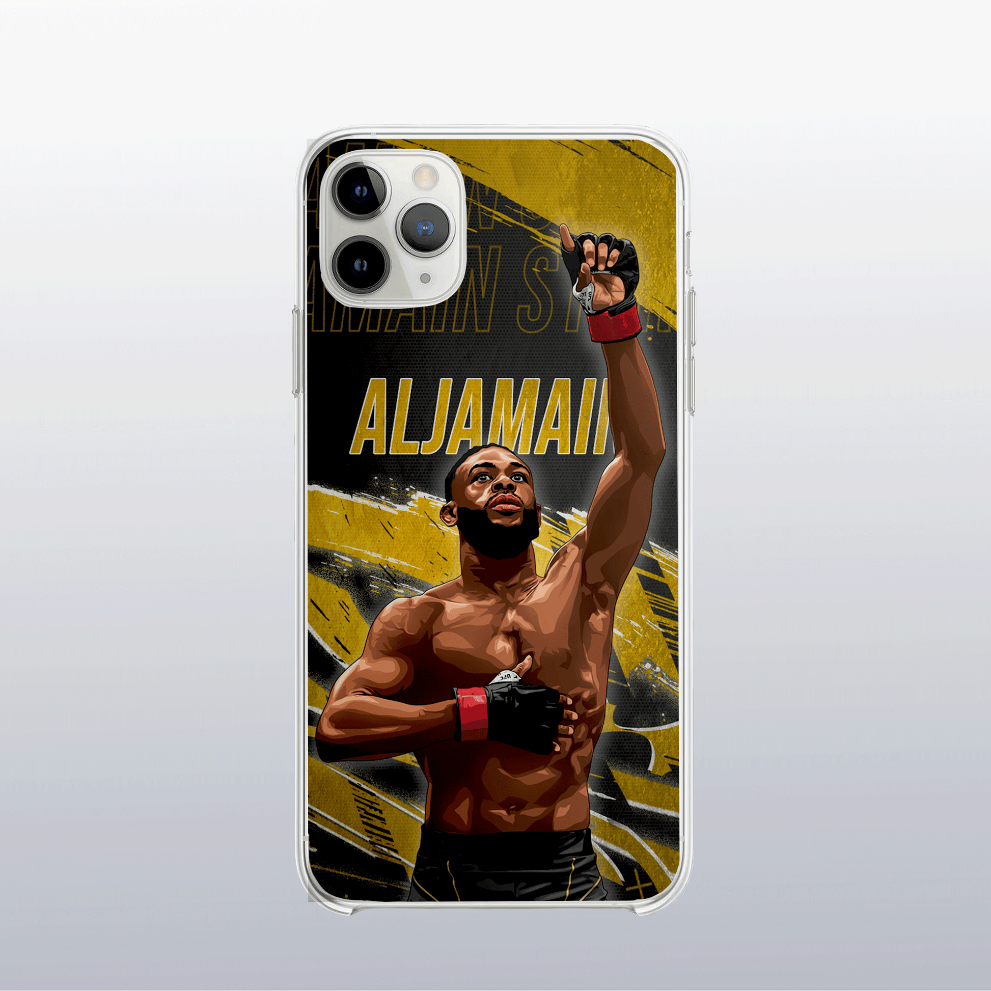Coque Aljamain Sterling Gold Edition – fond doré moderne et visuel intense, clin d’œil à son parcours de champion.