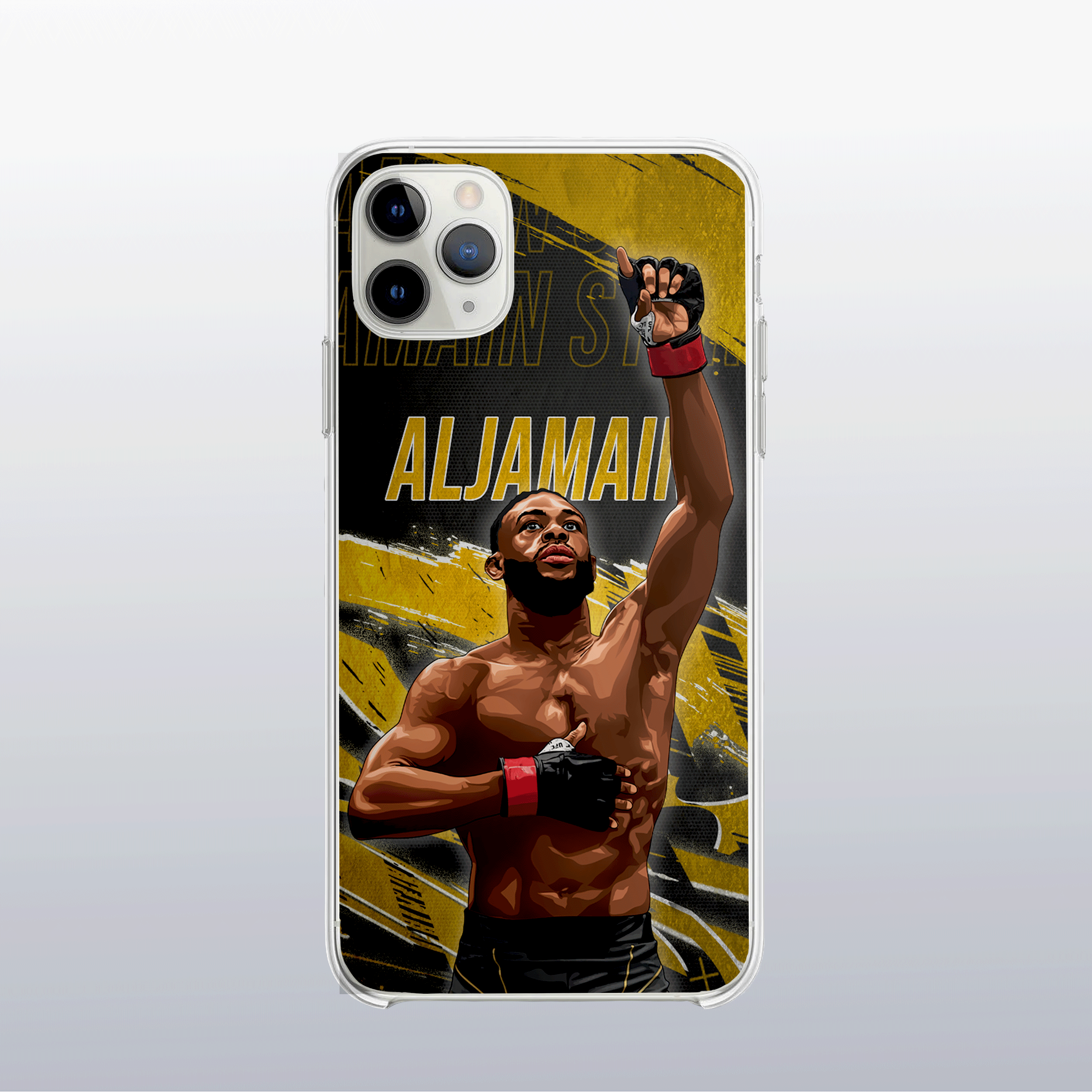 Coque Aljamain Sterling Gold Edition – fond doré moderne et visuel intense, clin d’œil à son parcours de champion.