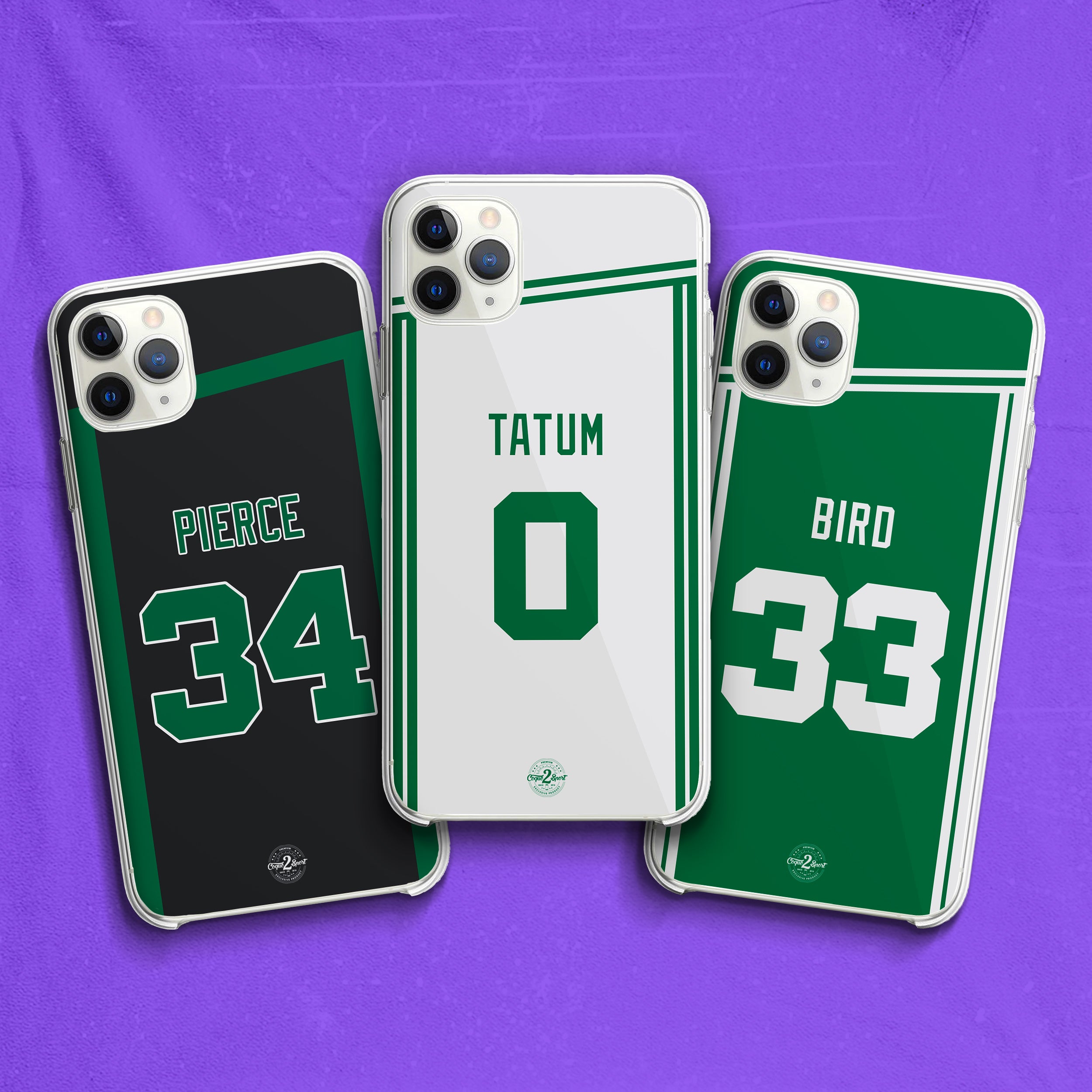 Aperçu des coques NBA personnalisables Boston Celtics : quatre maillots officiels (Icon, City, Statement, Association) avec joueurs emblématiques.