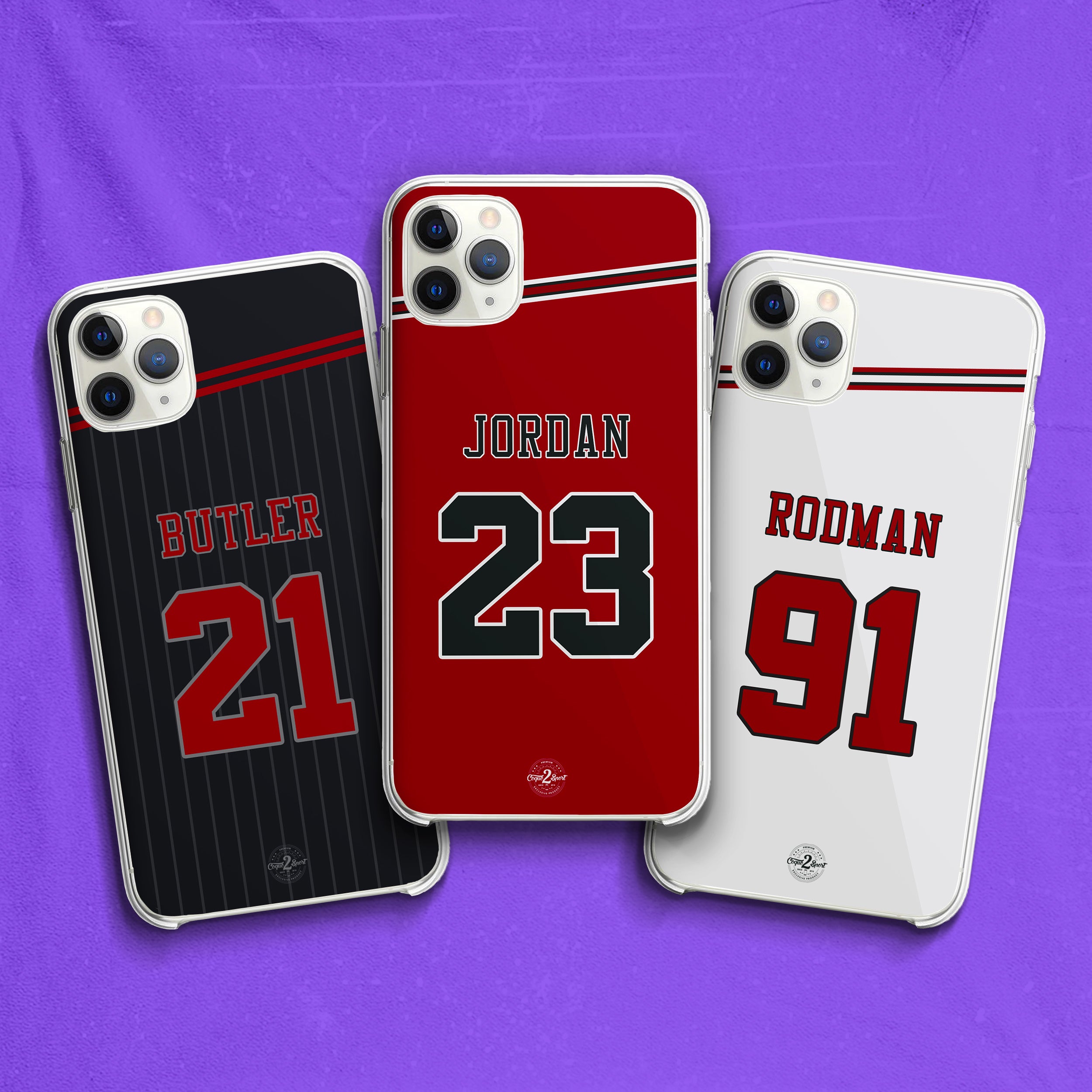 Aperçu des coques NBA personnalisables Chicago Bulls : quatre maillots officiels (Icon, City, Statement, Association) avec joueurs emblématiques.