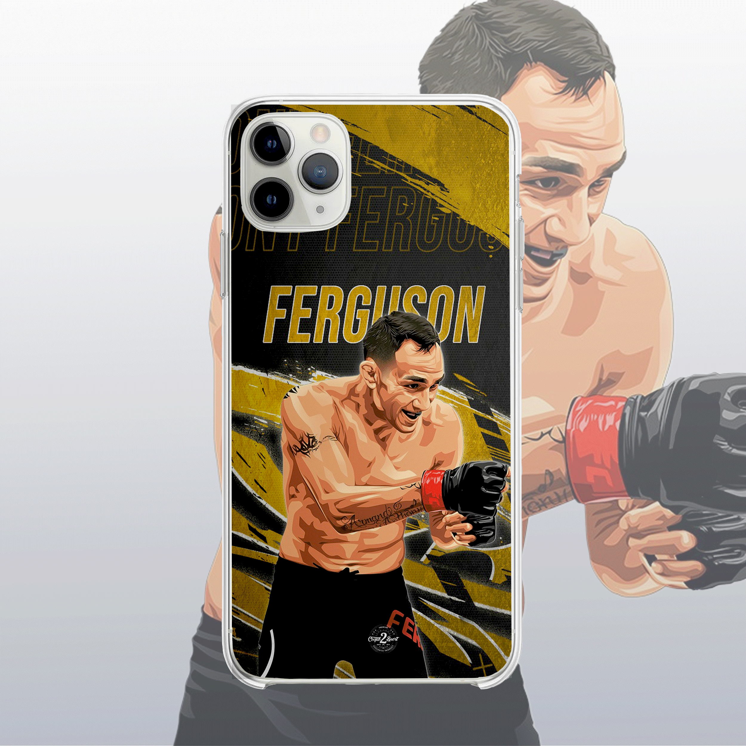 Coque Tony Ferguson Gold Edition – fond doré moderne et visuel intense, fidèle à son style imprévisible.