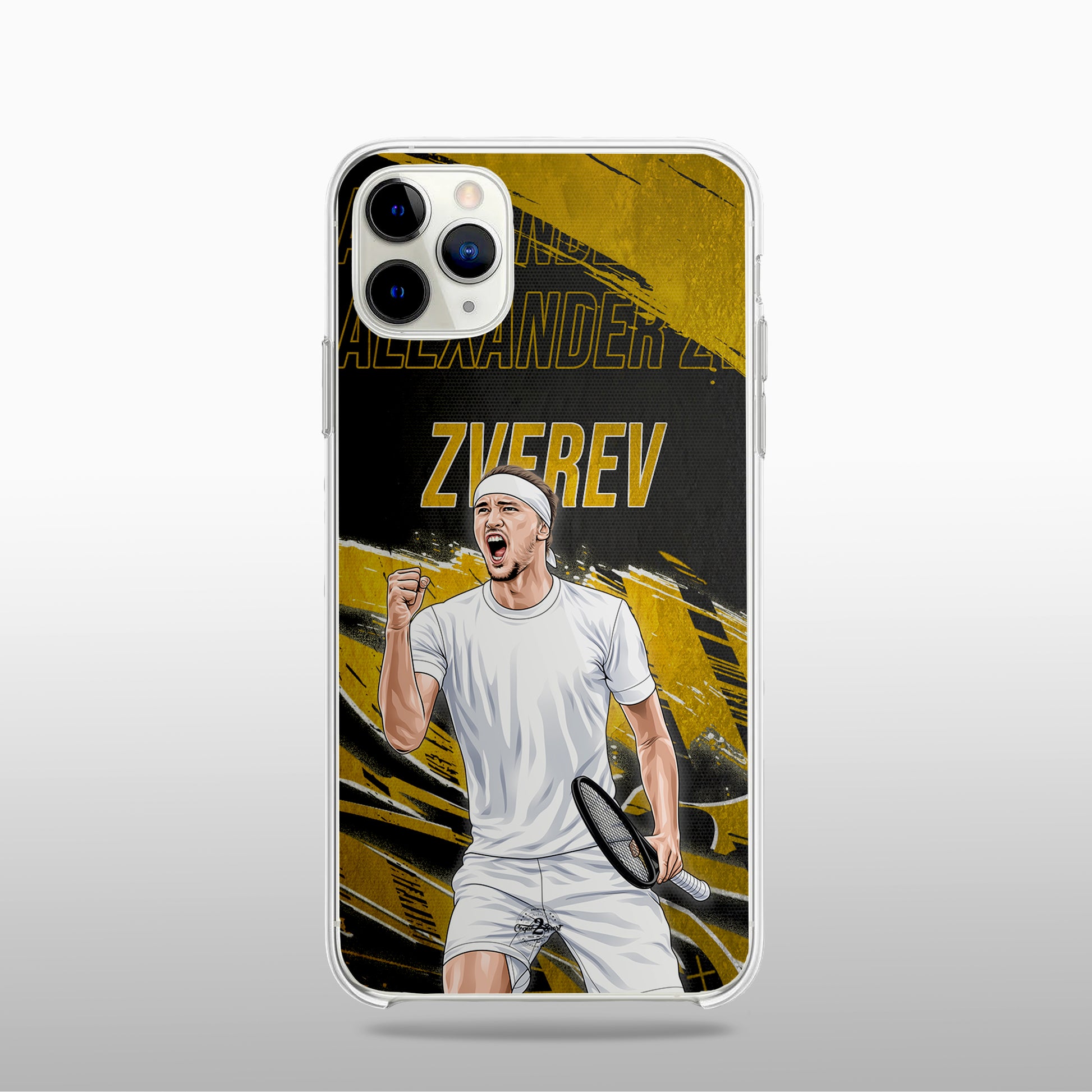 Coque Alexander Zverev Gold Edition (modèle 1) avec fond légendaire, inspirée des cartes icônes, design élégant et puissant.