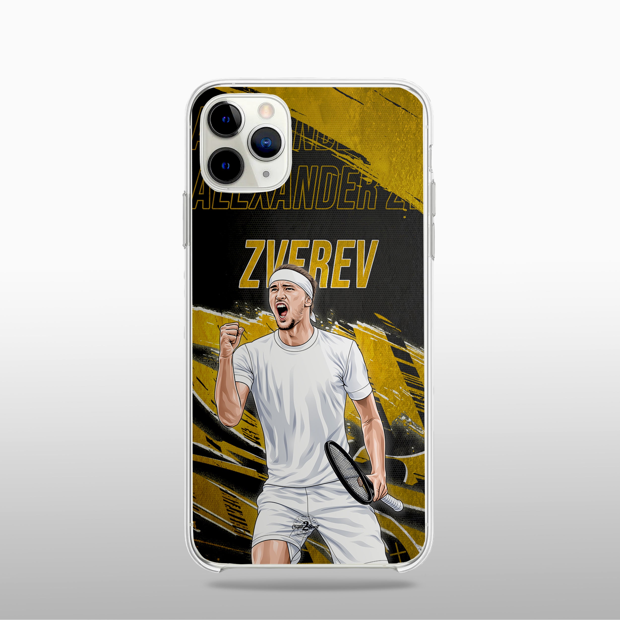 Coque Alexander Zverev Gold Edition (modèle 1) avec fond légendaire, inspirée des cartes icônes, design élégant et puissant.