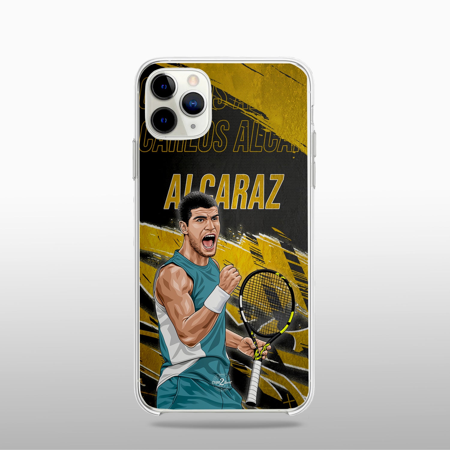 Coque Carlos Alcaraz Gold Edition (modèle 1) avec fond légendaire, inspirée des cartes icônes, design élégant et puissant.