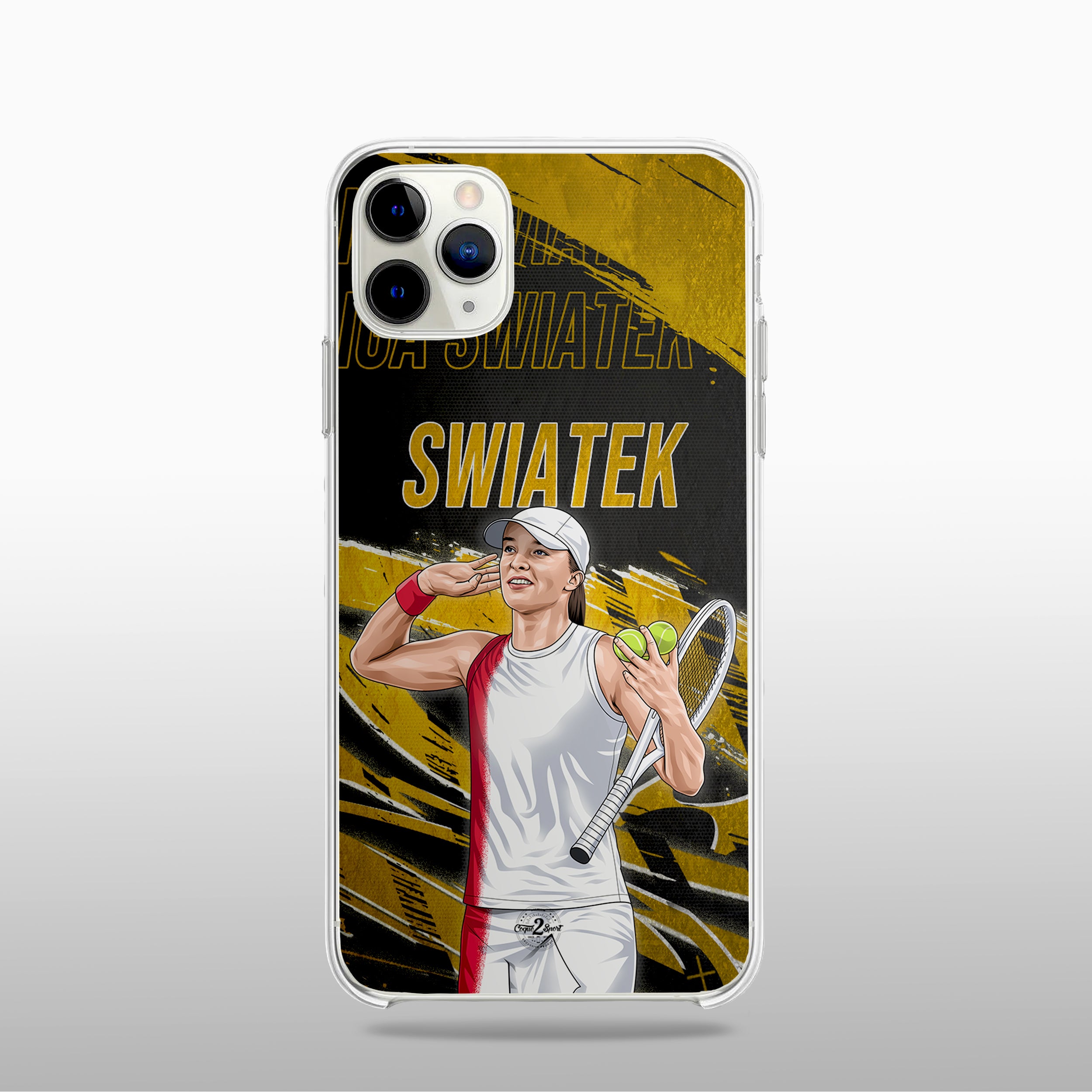 Coque Iga Świątek Gold Edition avec fond légendaire, inspirée des cartes icônes, design élégant et puissant.	