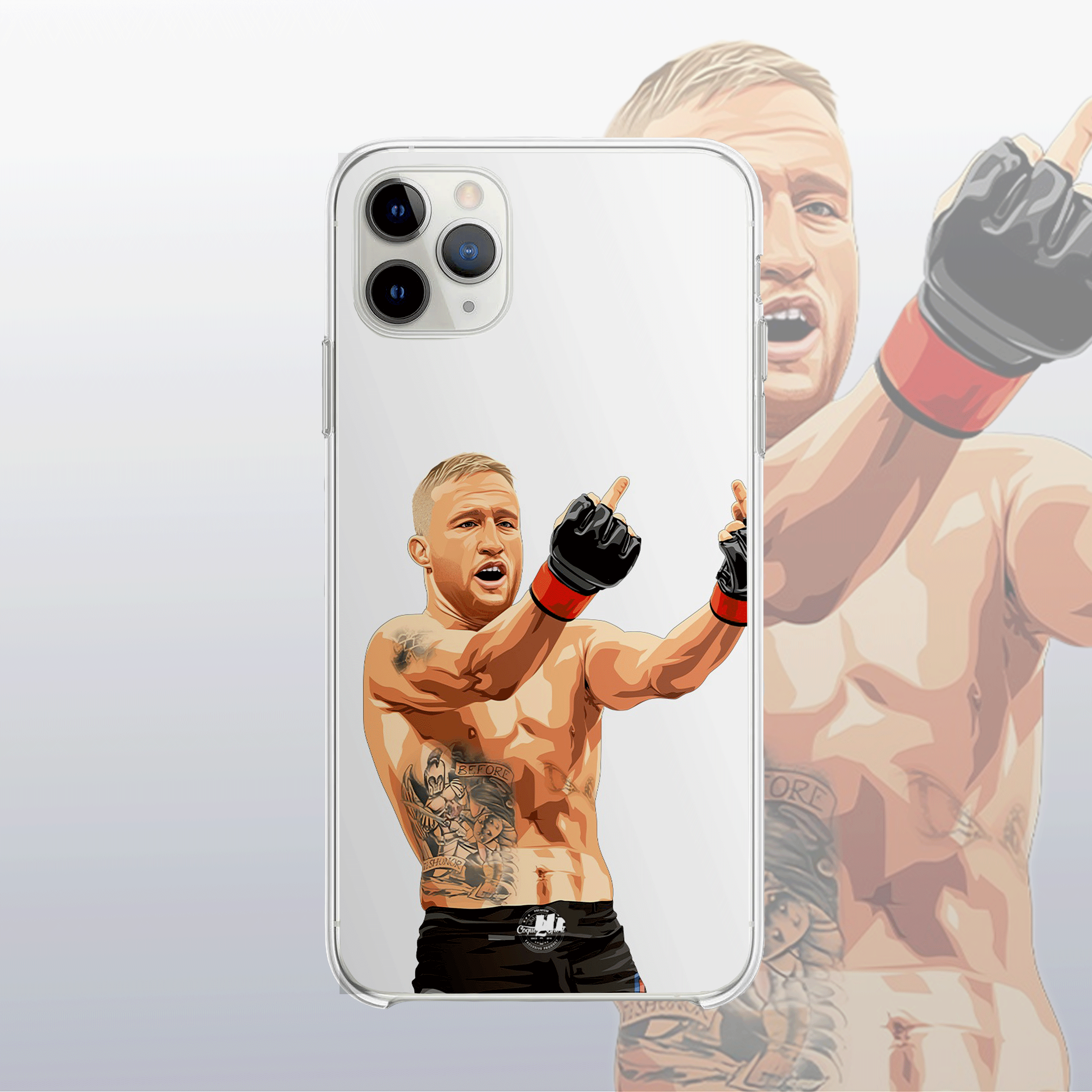 Coque transparente Justin Gaethje – silhouette du combattant, style épuré et intense.
