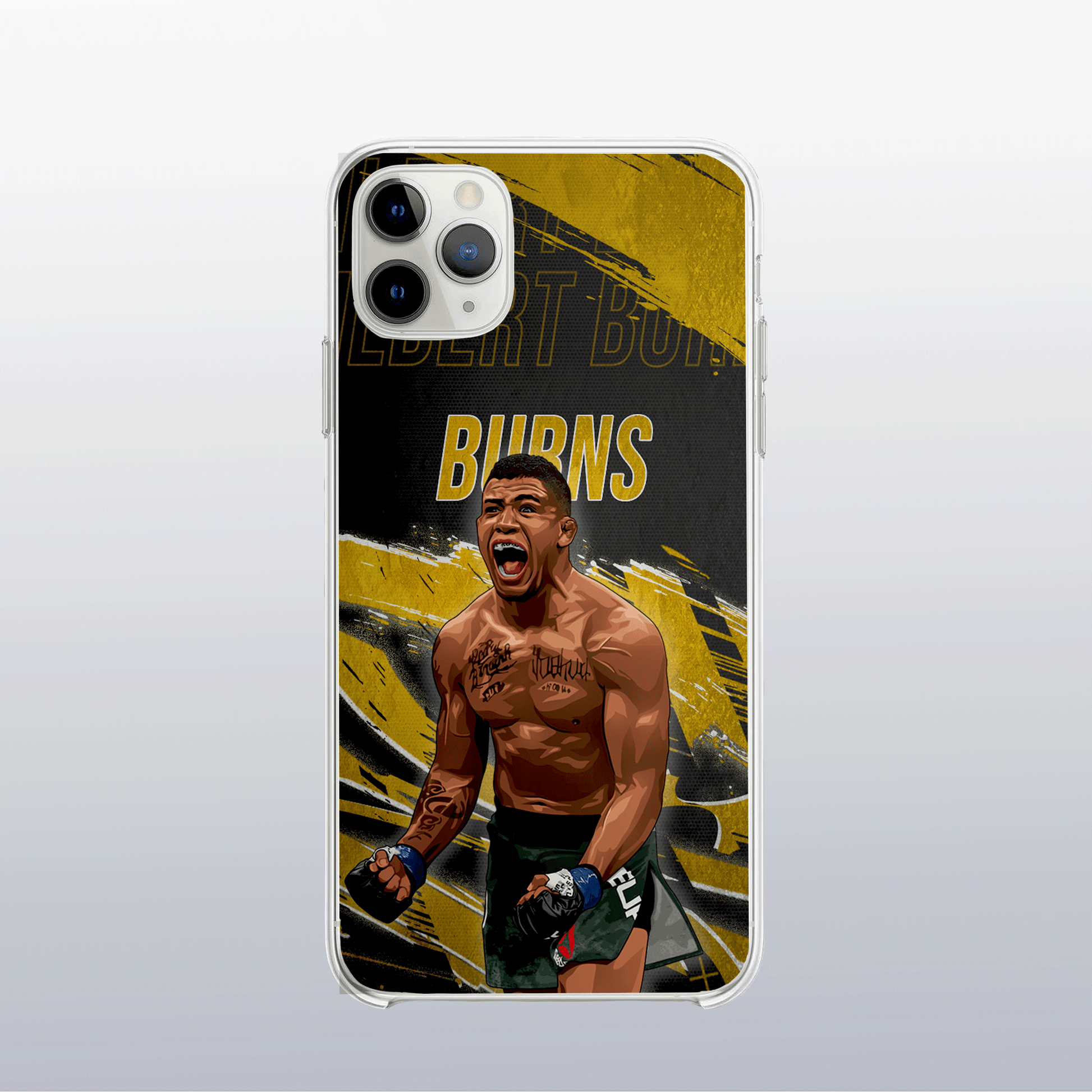 Coque Gilbert Burns Gold Edition – fond doré moderne et visuel puissant, reflet de son intensité dans l’octogone.