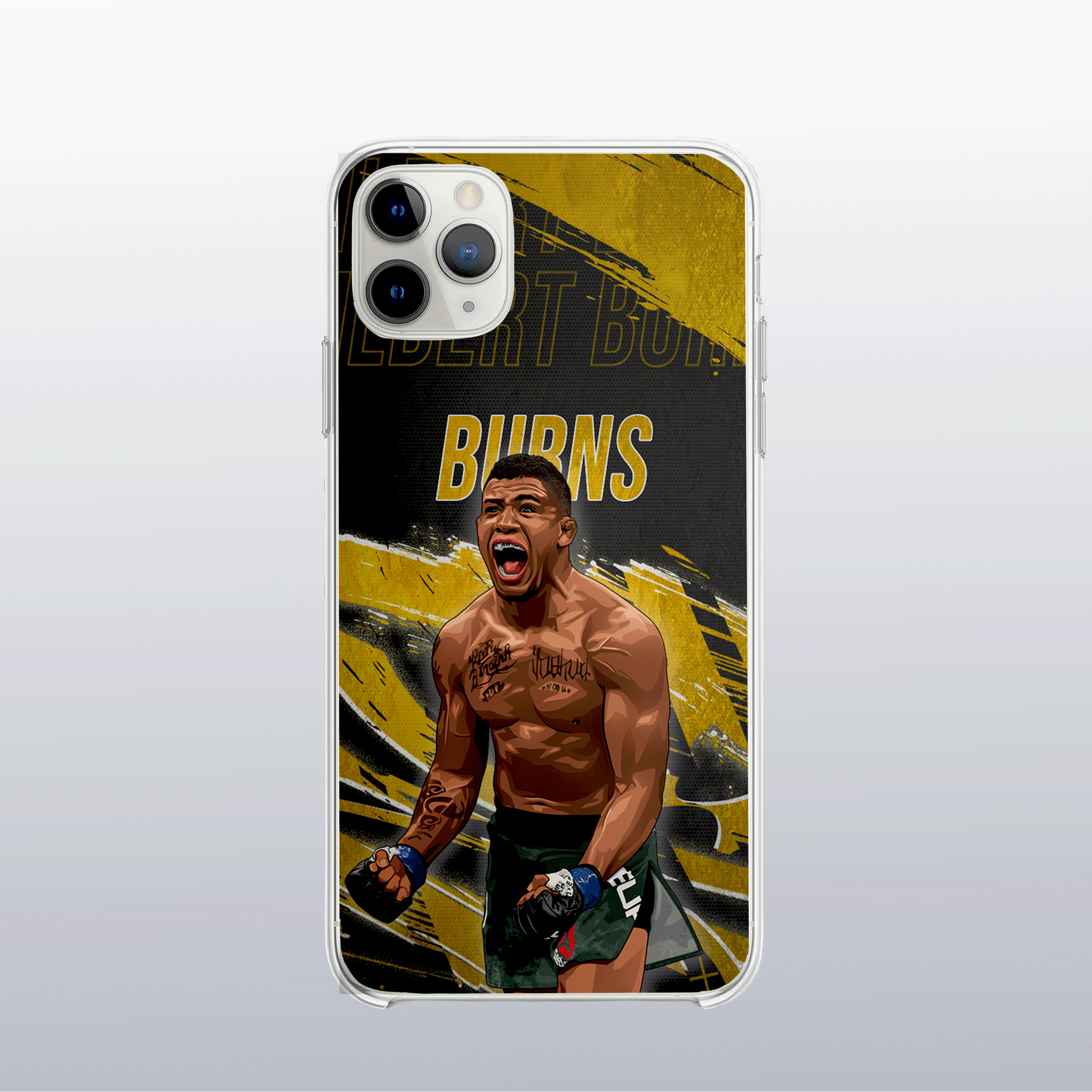 Coque Gilbert Burns Gold Edition – fond doré moderne et visuel puissant, reflet de son intensité dans l’octogone.