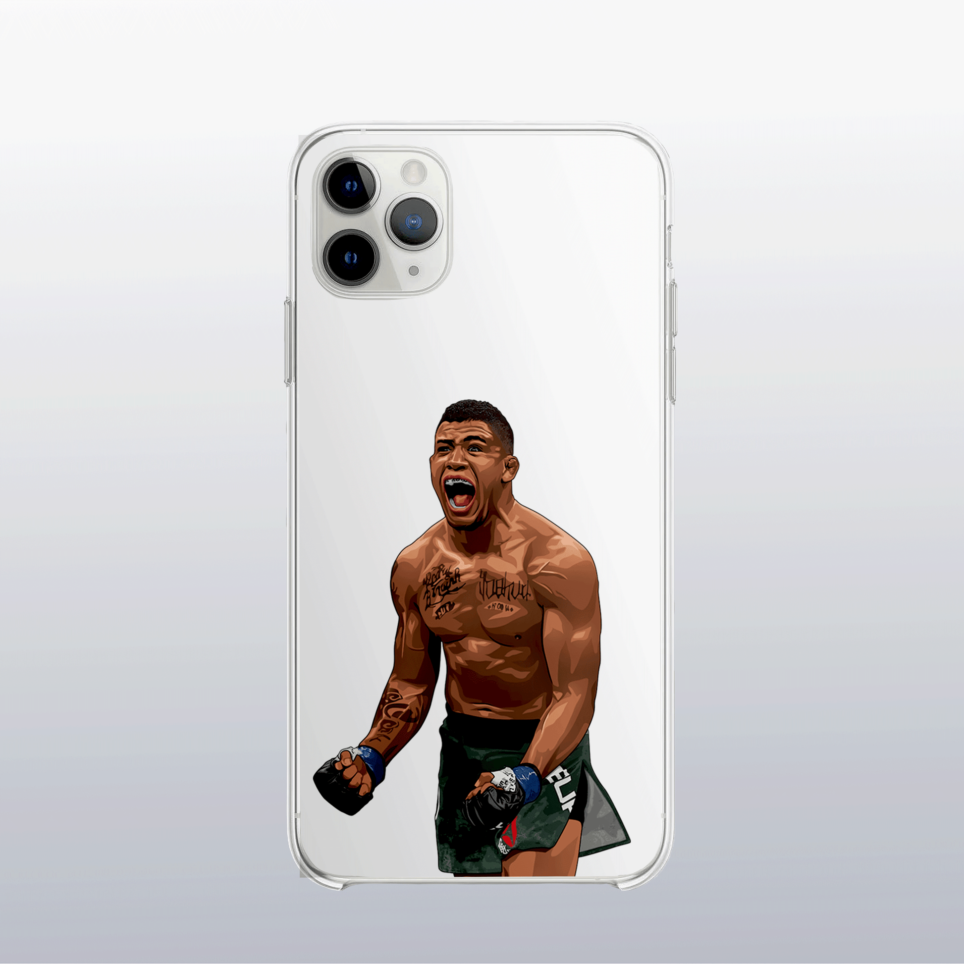 Coque transparente Gilbert Burns – silhouette du combattant, style épuré et déterminé.