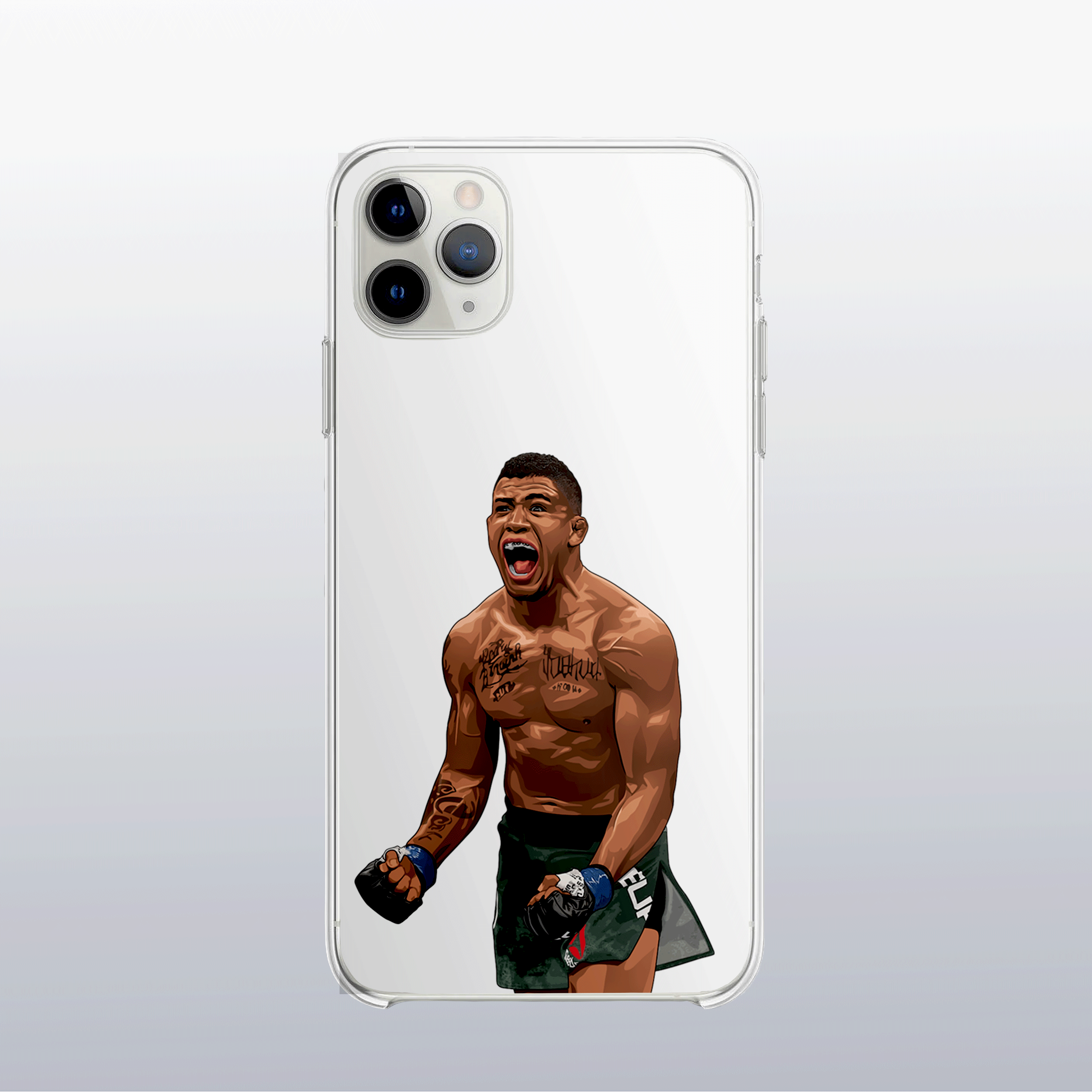 Coque transparente Gilbert Burns – silhouette du combattant, style épuré et déterminé.