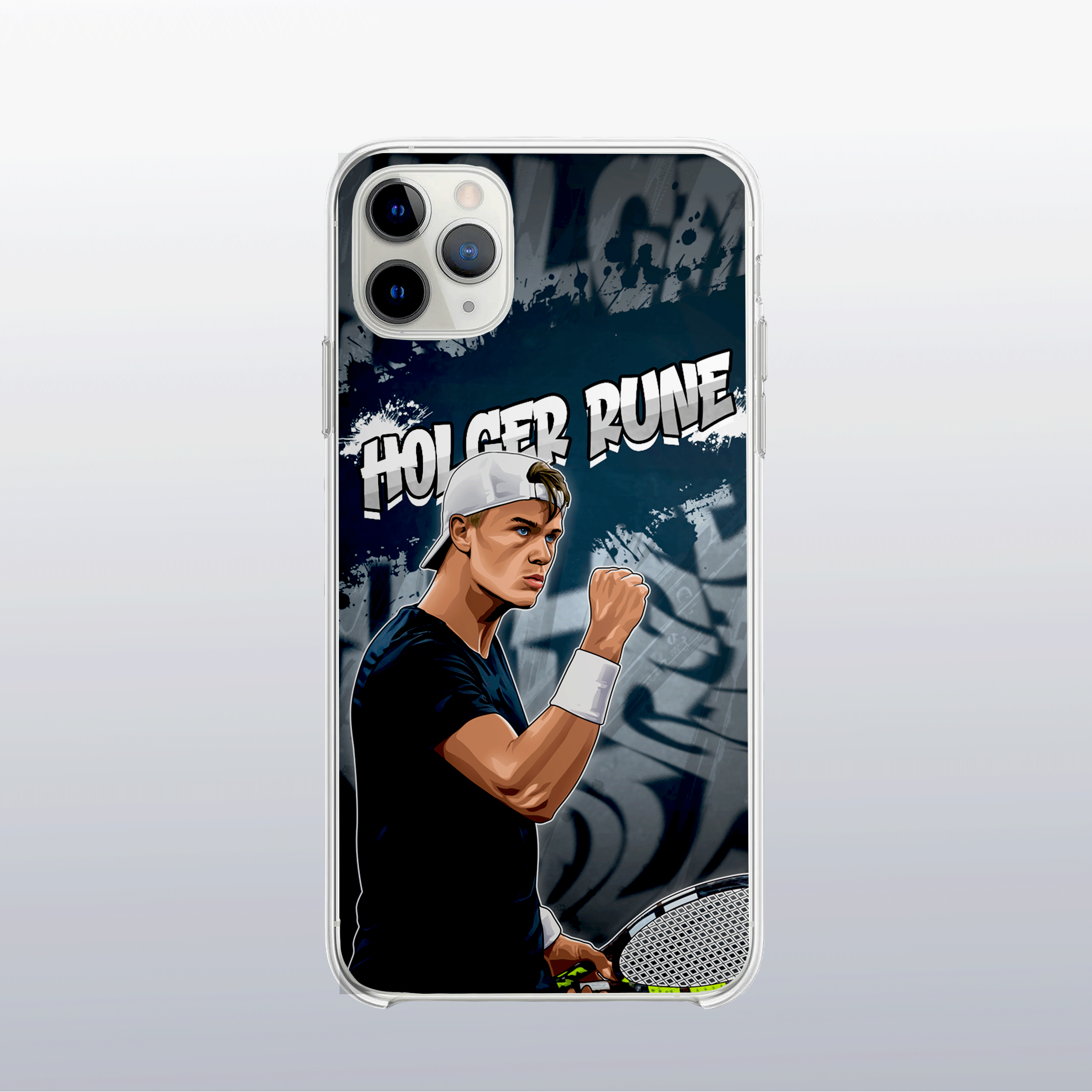Coque de téléphone Holger Rune au design graff coloré, style urbain et dynamique pour fans de tennis.
