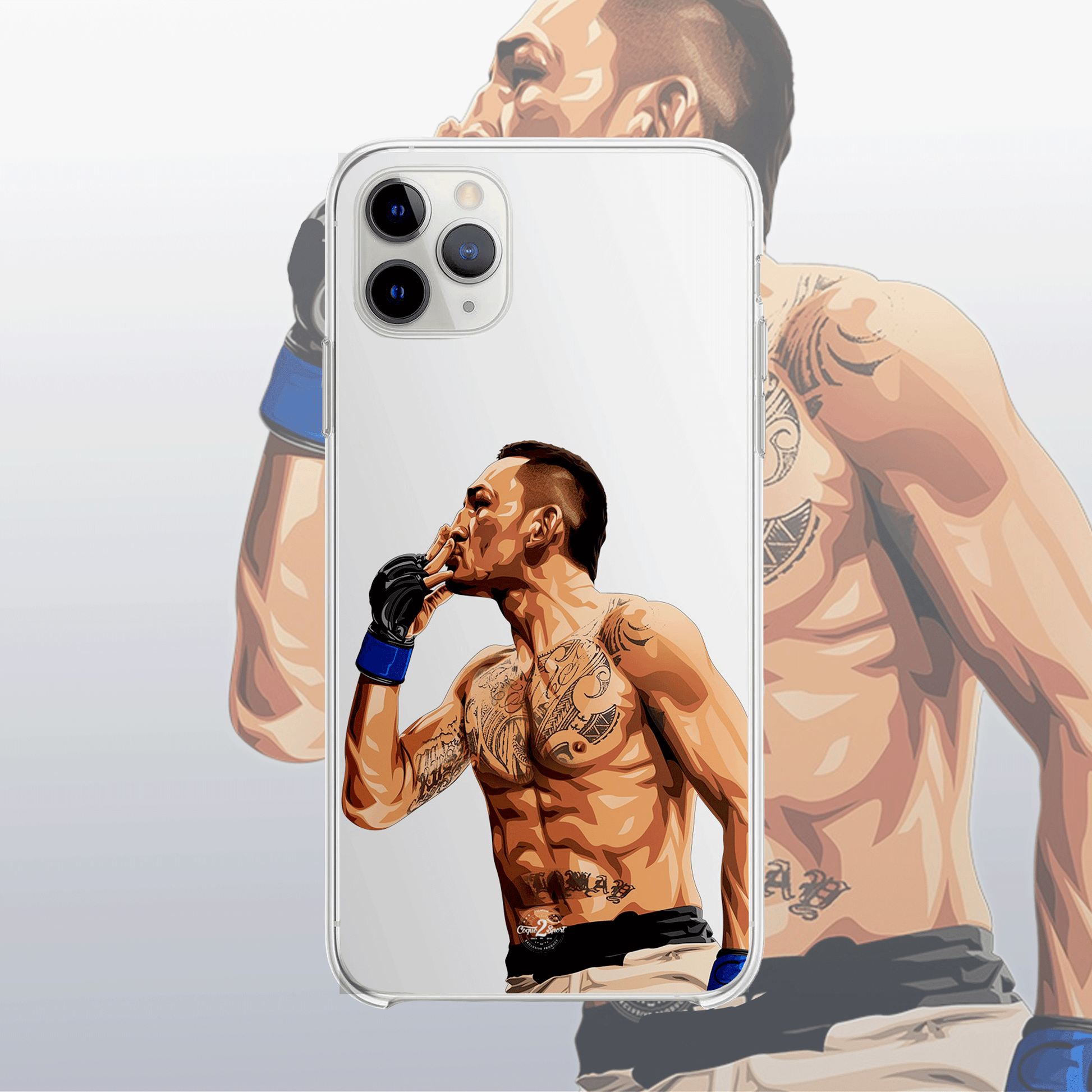Coque transparente Max Holloway – silhouette du combattant, style épuré et fluide.
