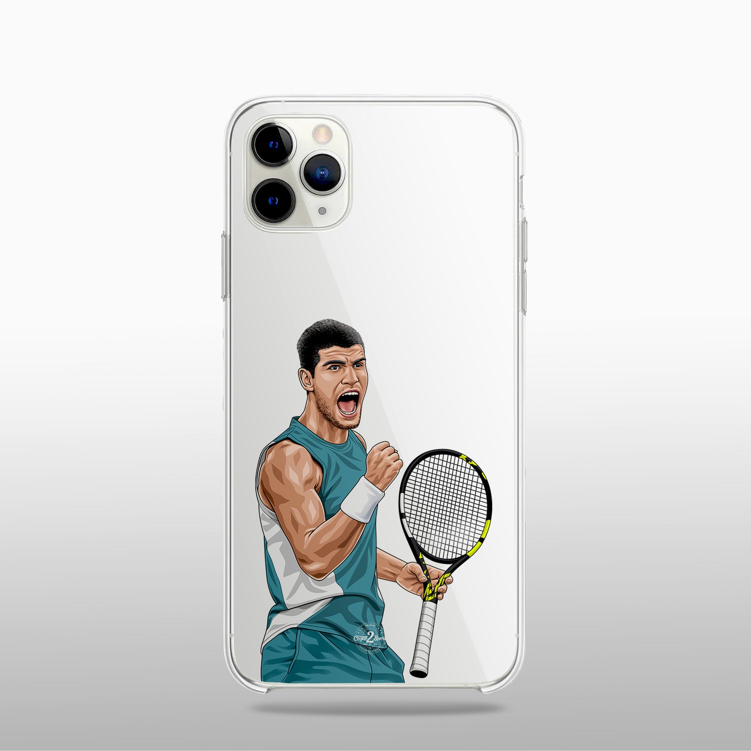Coque transparente Carlos Alcaraz (modèle 1) avec silhouette épurée du joueur, look minimaliste et sportif.