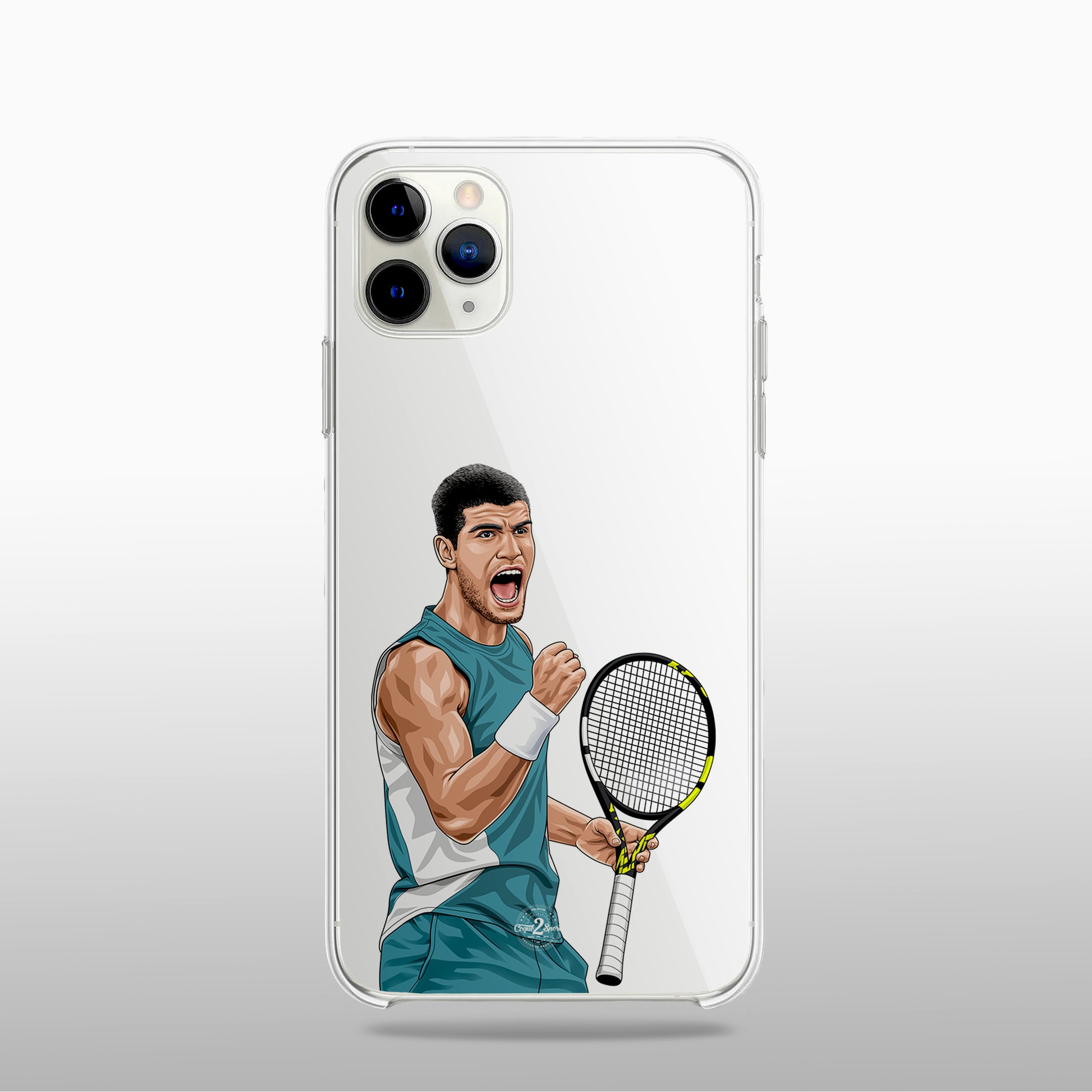 Coque transparente Carlos Alcaraz (modèle 1) avec silhouette épurée du joueur, look minimaliste et sportif.