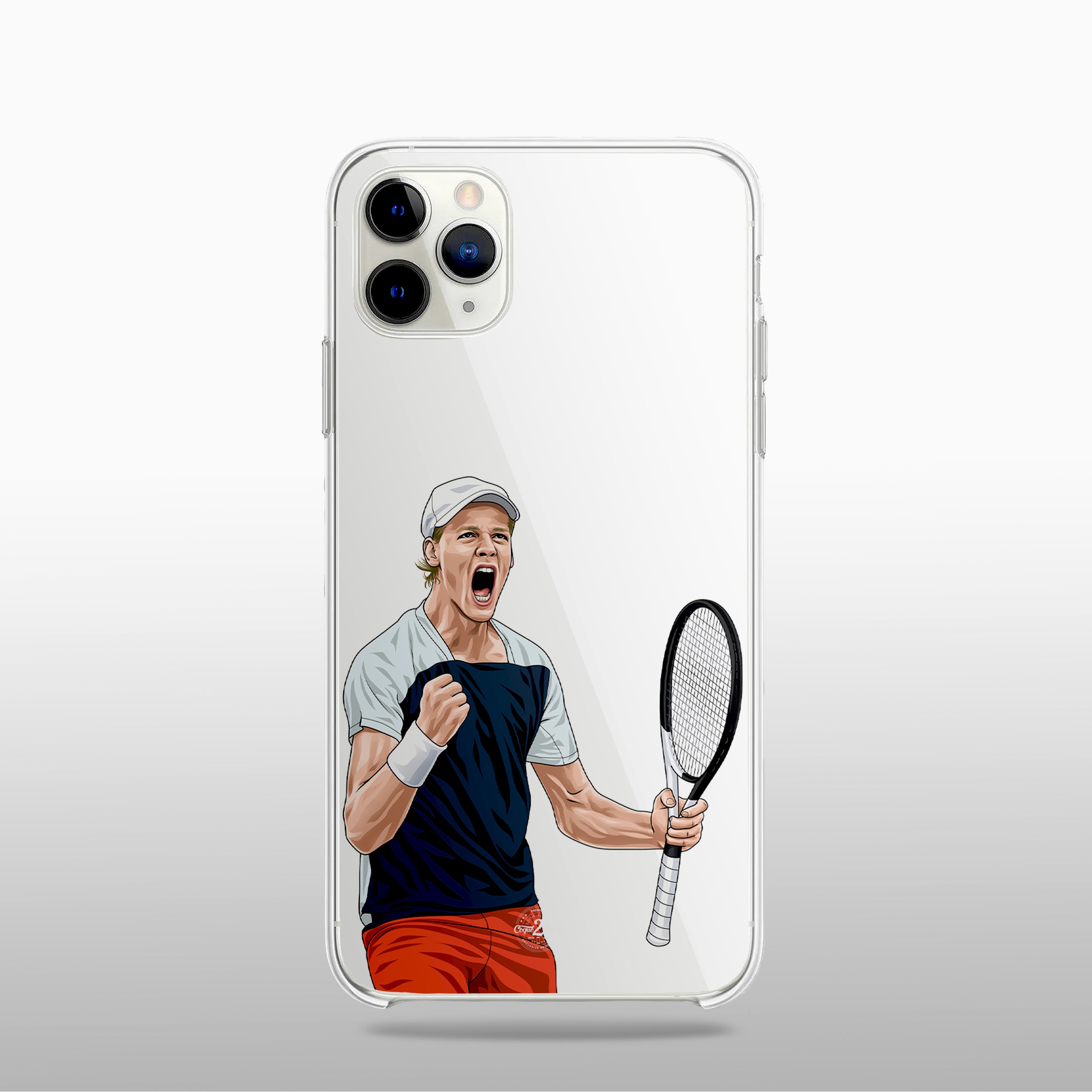Coque transparente Jannik Sinner (modèle 1) avec silhouette épurée du joueur, look minimaliste et sportif.