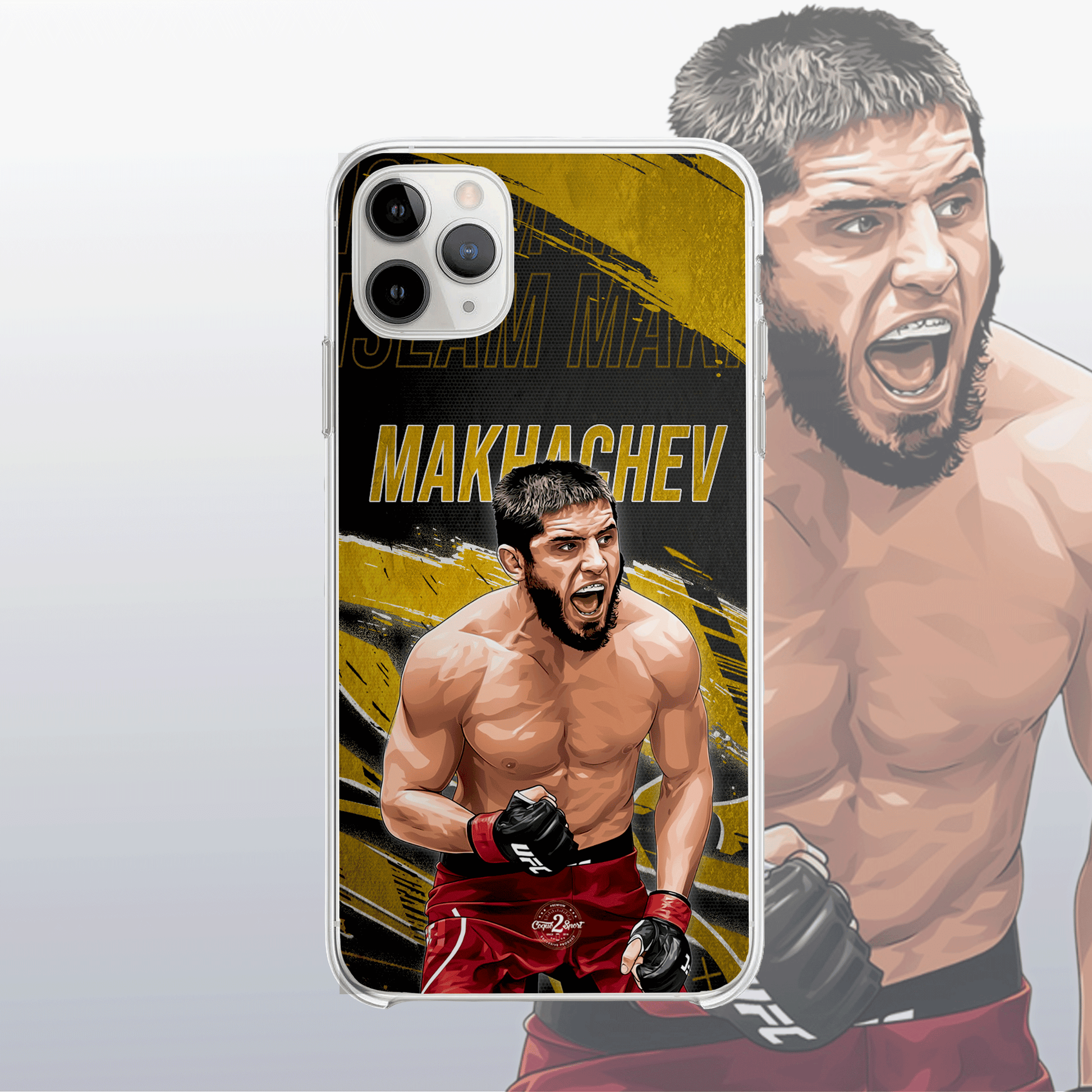 Coque Islam Makhachev Gold Edition – fond doré moderne et visuel solide, reflet de sa maîtrise au sol.