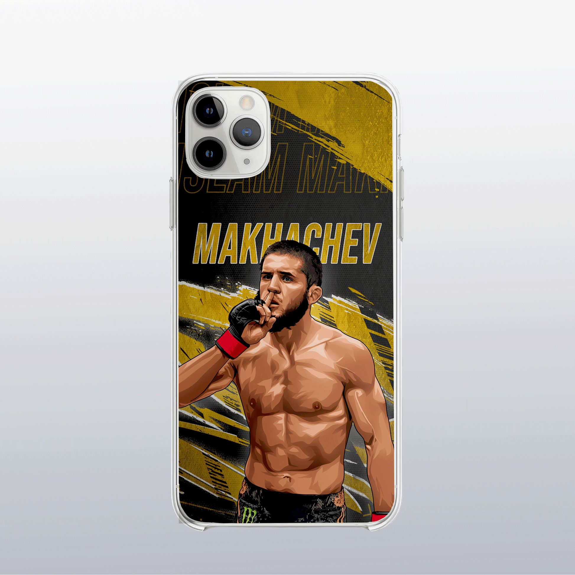 Coque Islam Makhachev Gold Edition (modèle 2) – fond doré texturé, visuel sobre et puissant.