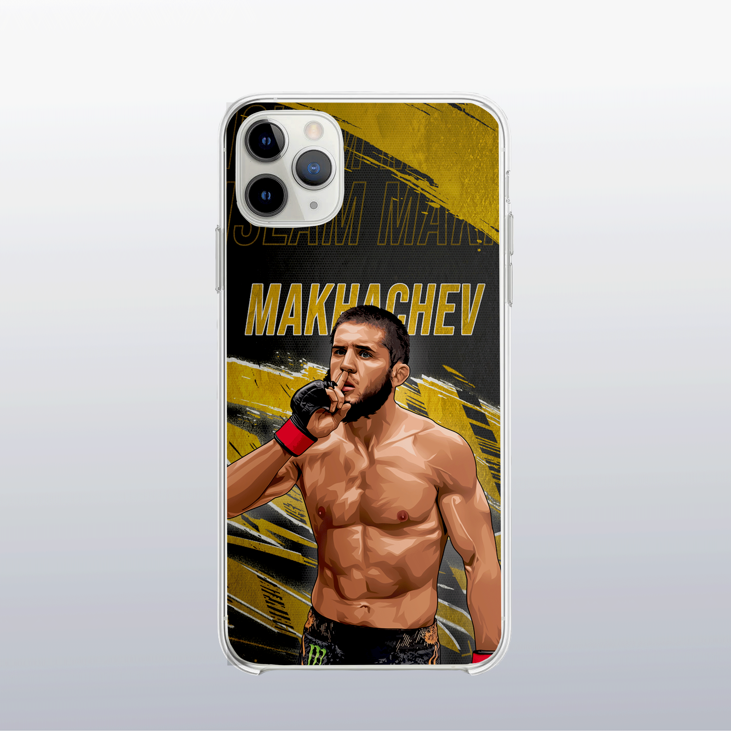 Coque Islam Makhachev Gold Edition (modèle 2) – fond doré texturé, visuel sobre et puissant.
