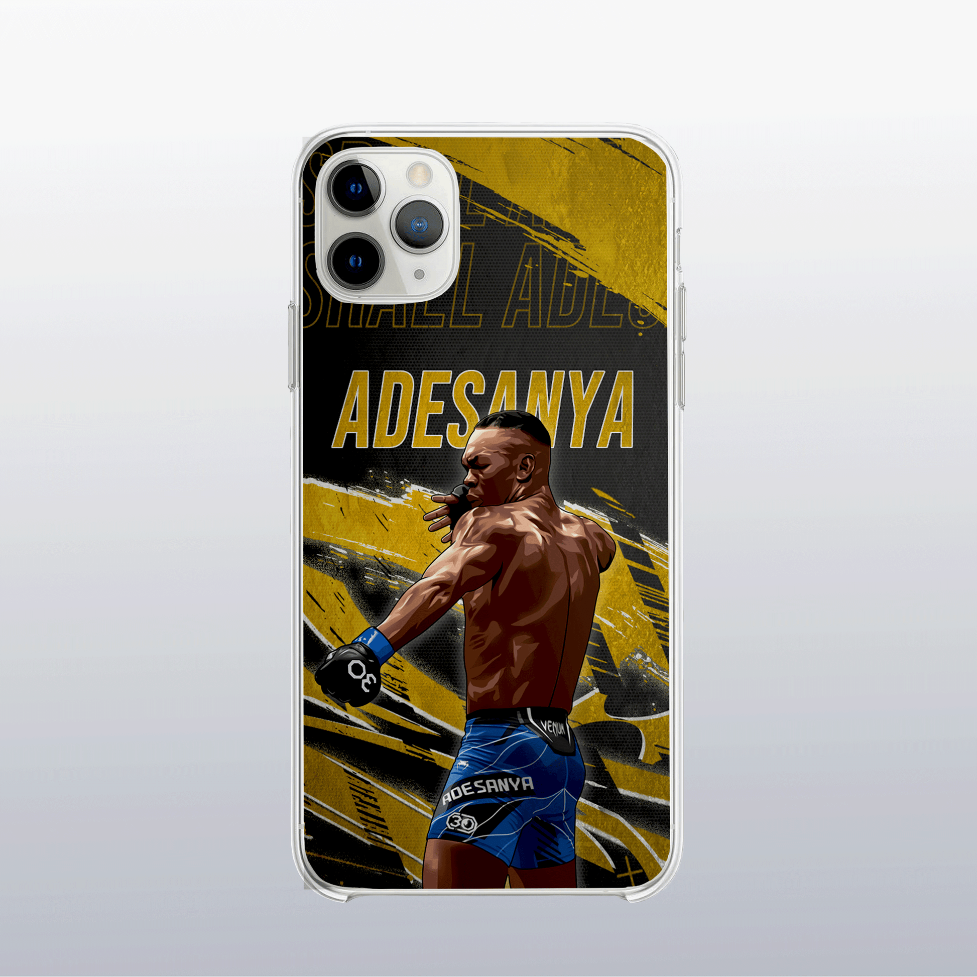 Coque Israel Adesanya Gold Edition (modèle 2) – fond doré texturé, visuel expressif et audacieux.
