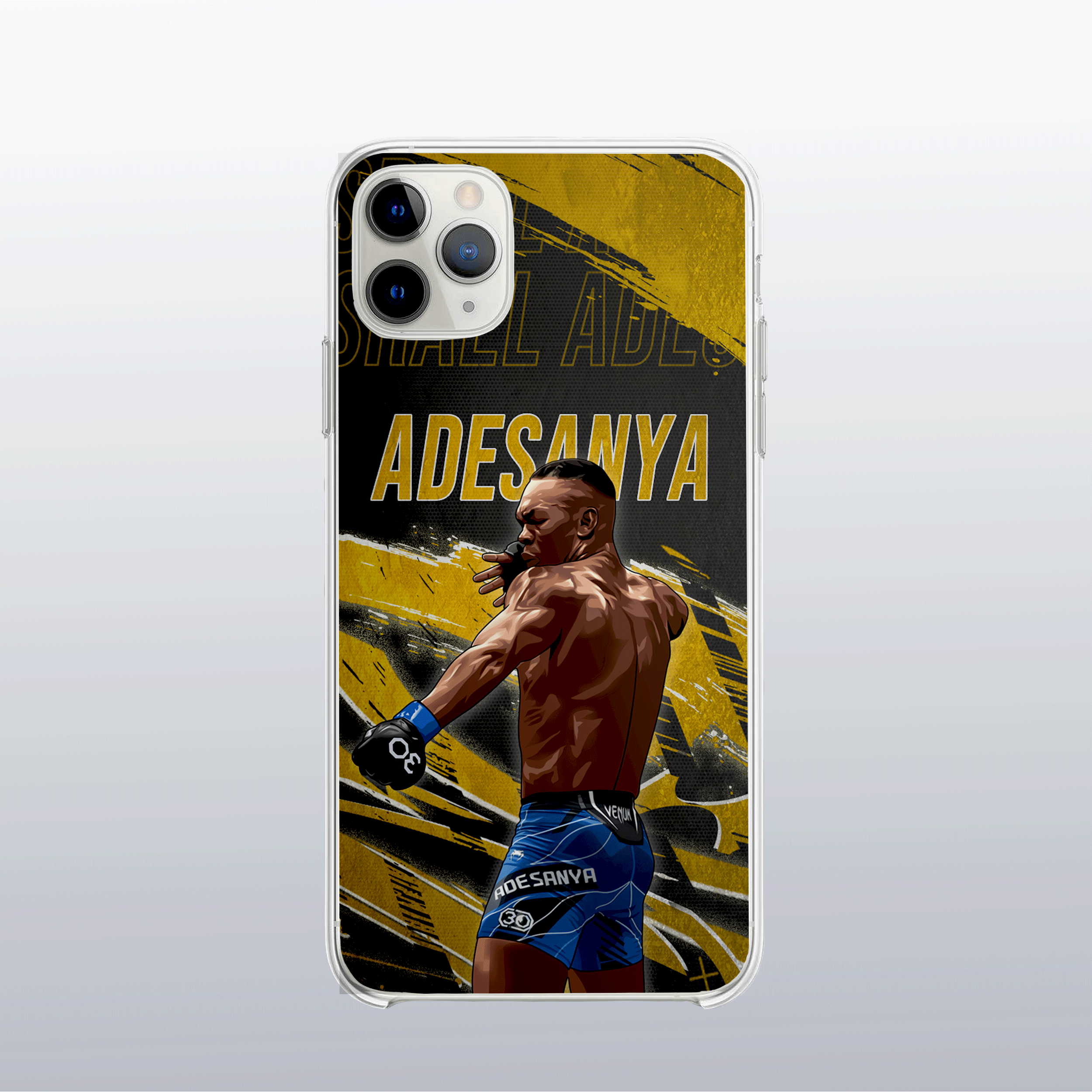 Coque Israel Adesanya Gold Edition (modèle 2) – fond doré texturé, visuel expressif et audacieux.