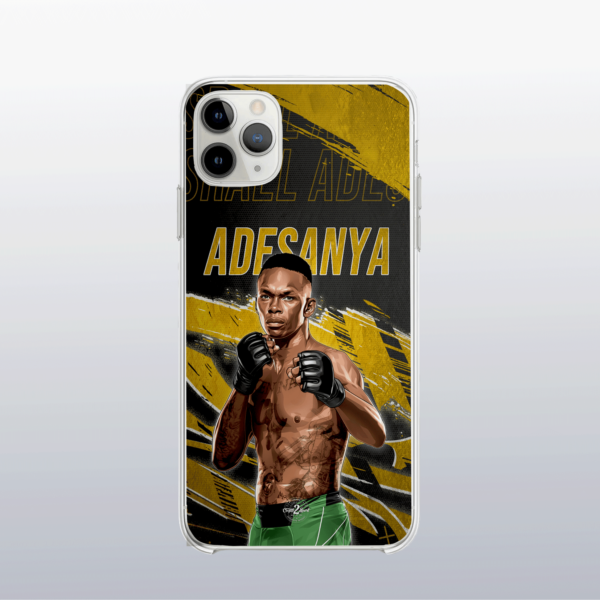 Coque Israel Adesanya Gold Edition – fond doré moderne et visuel précis, reflet de son style artistique.