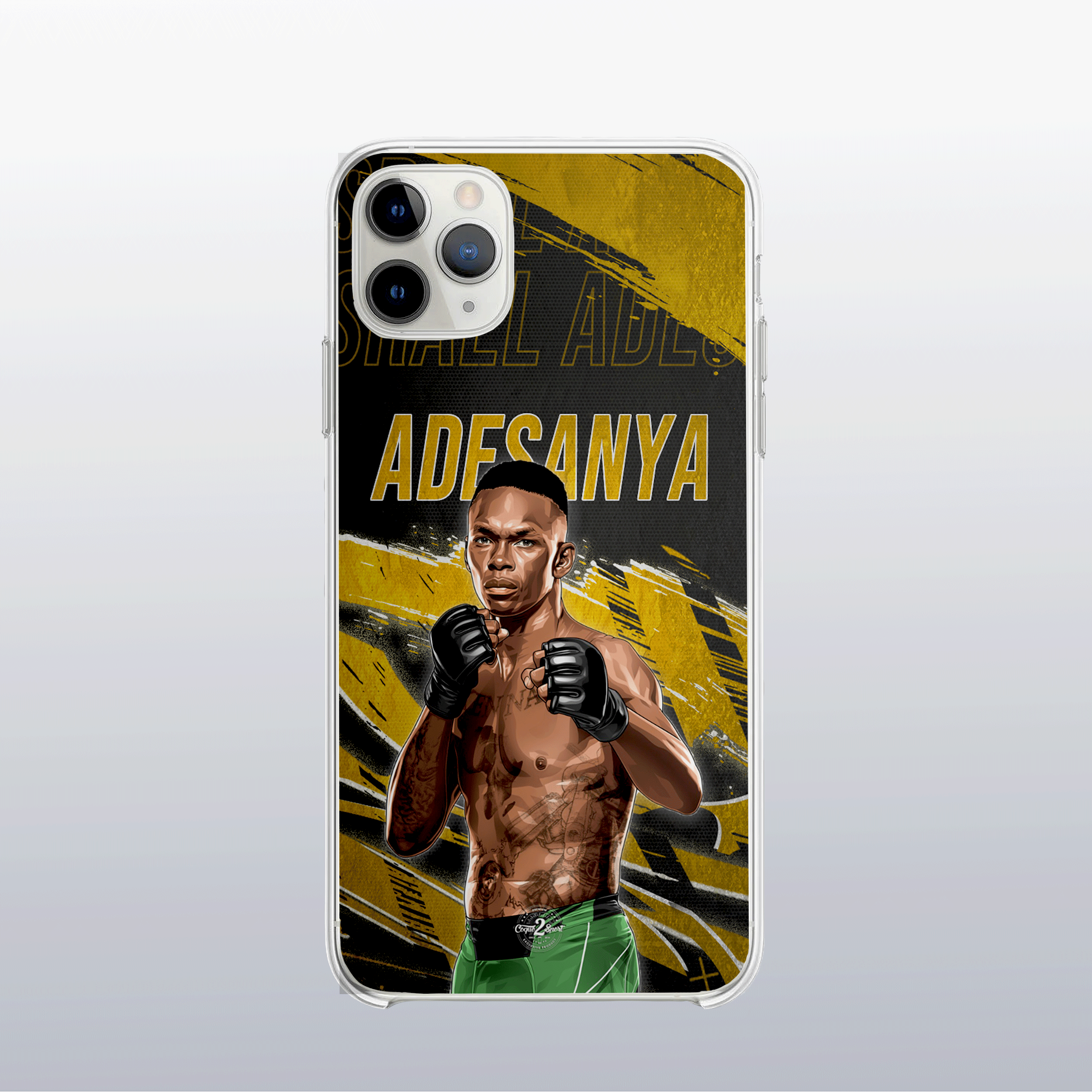 Coque Israel Adesanya Gold Edition – fond doré moderne et visuel précis, reflet de son style artistique.