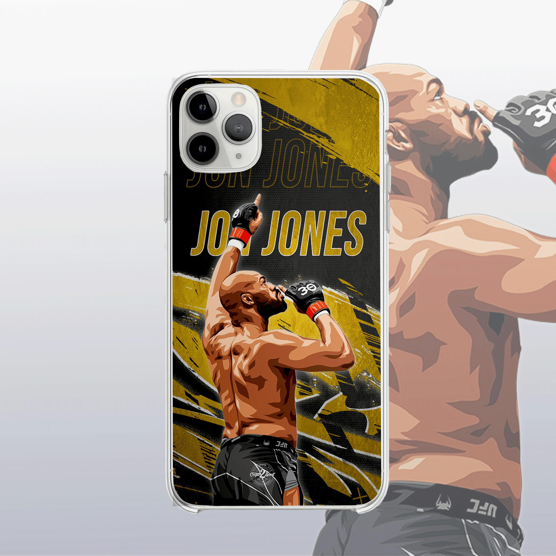 Coque Jon Jones Gold Edition (modèle 2) – fond doré texturé, visuel nerveux à l’image de son explosivité.