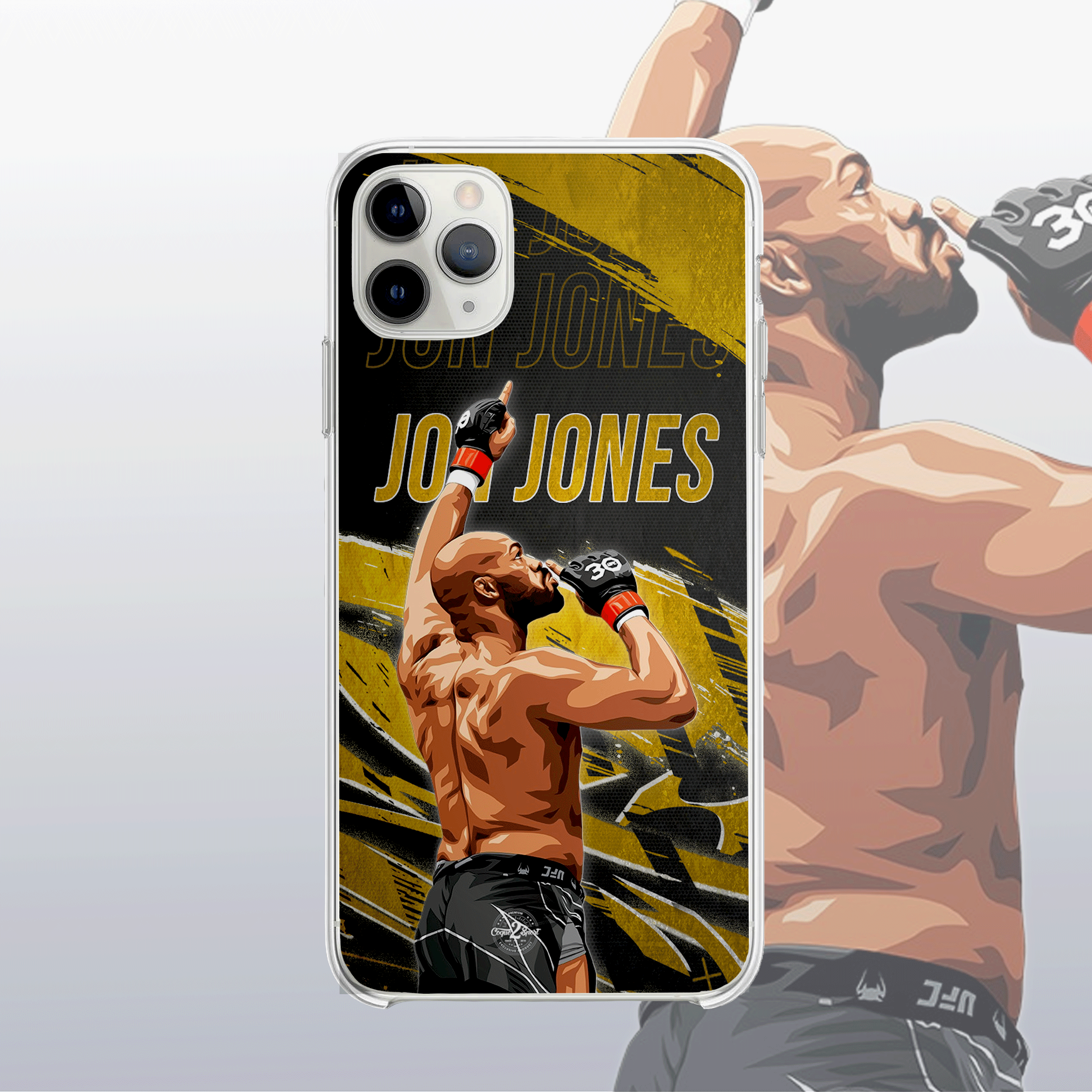 Coque Jon Jones Gold Edition (modèle 2) – fond doré texturé, visuel nerveux à l’image de son explosivité.
