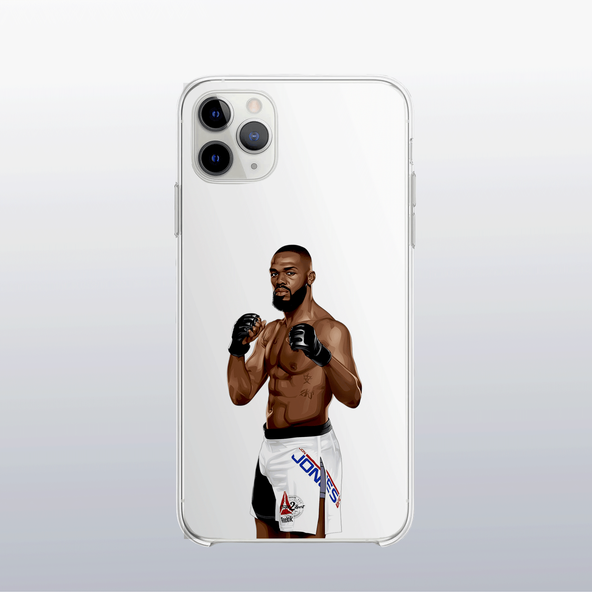 Coque transparente Jon Jones (modèle 3) – silhouette du combattant, look épuré et légendaire.