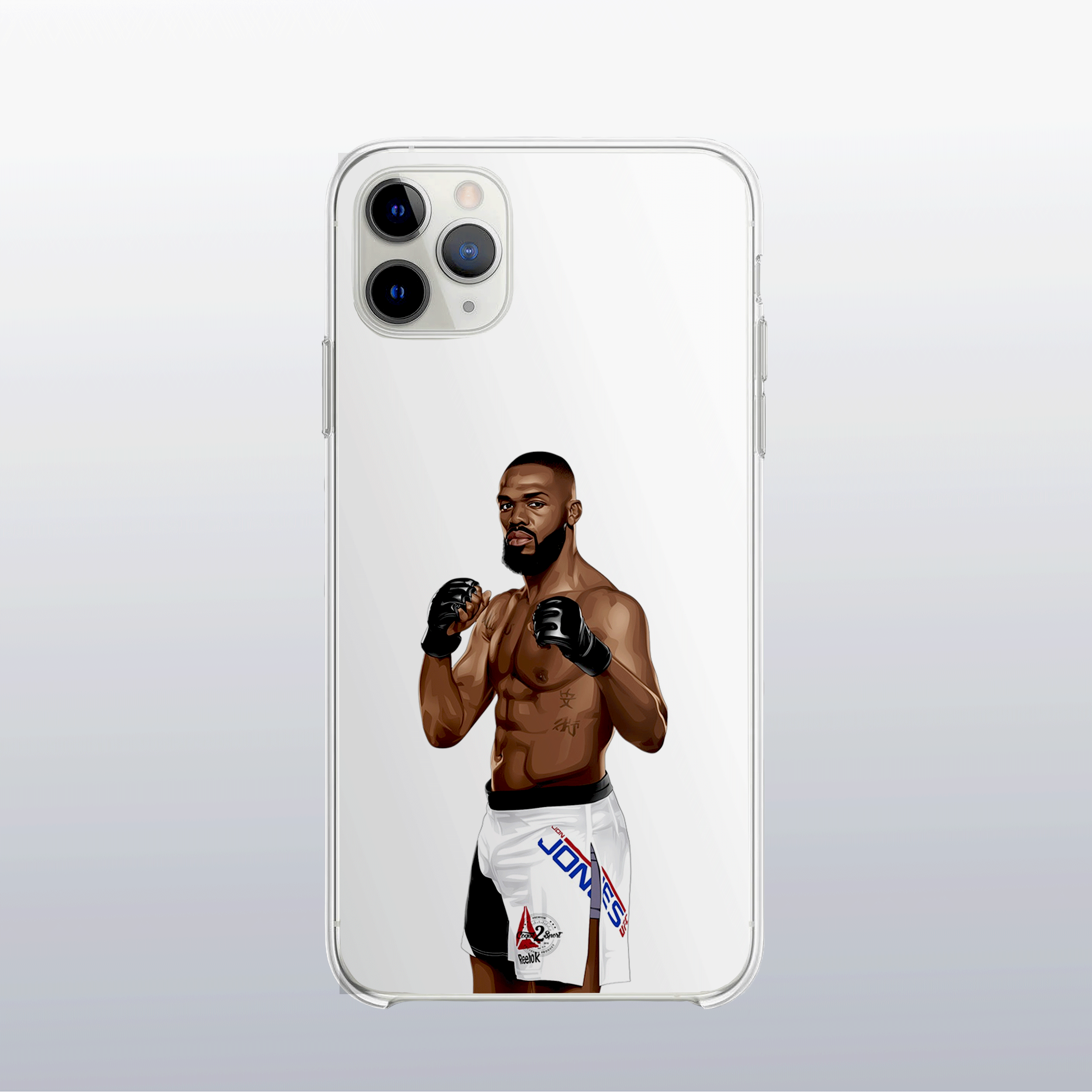 Coque transparente Jon Jones (modèle 3) – silhouette du combattant, look épuré et légendaire.