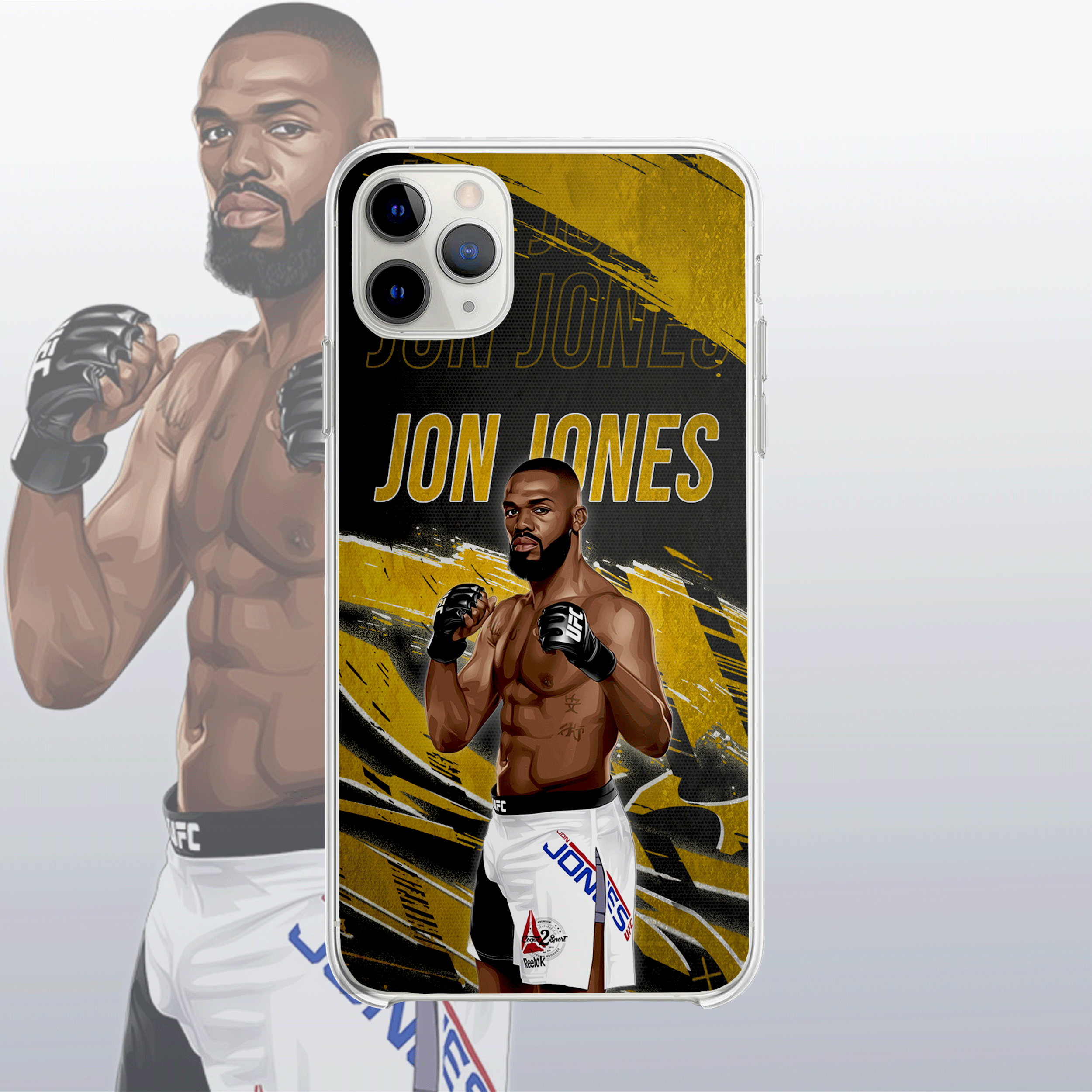 Coque Jon Jones Gold Edition (modèle 3) – fond doré sobre et puissant, reflet de sa longévité au sommet.