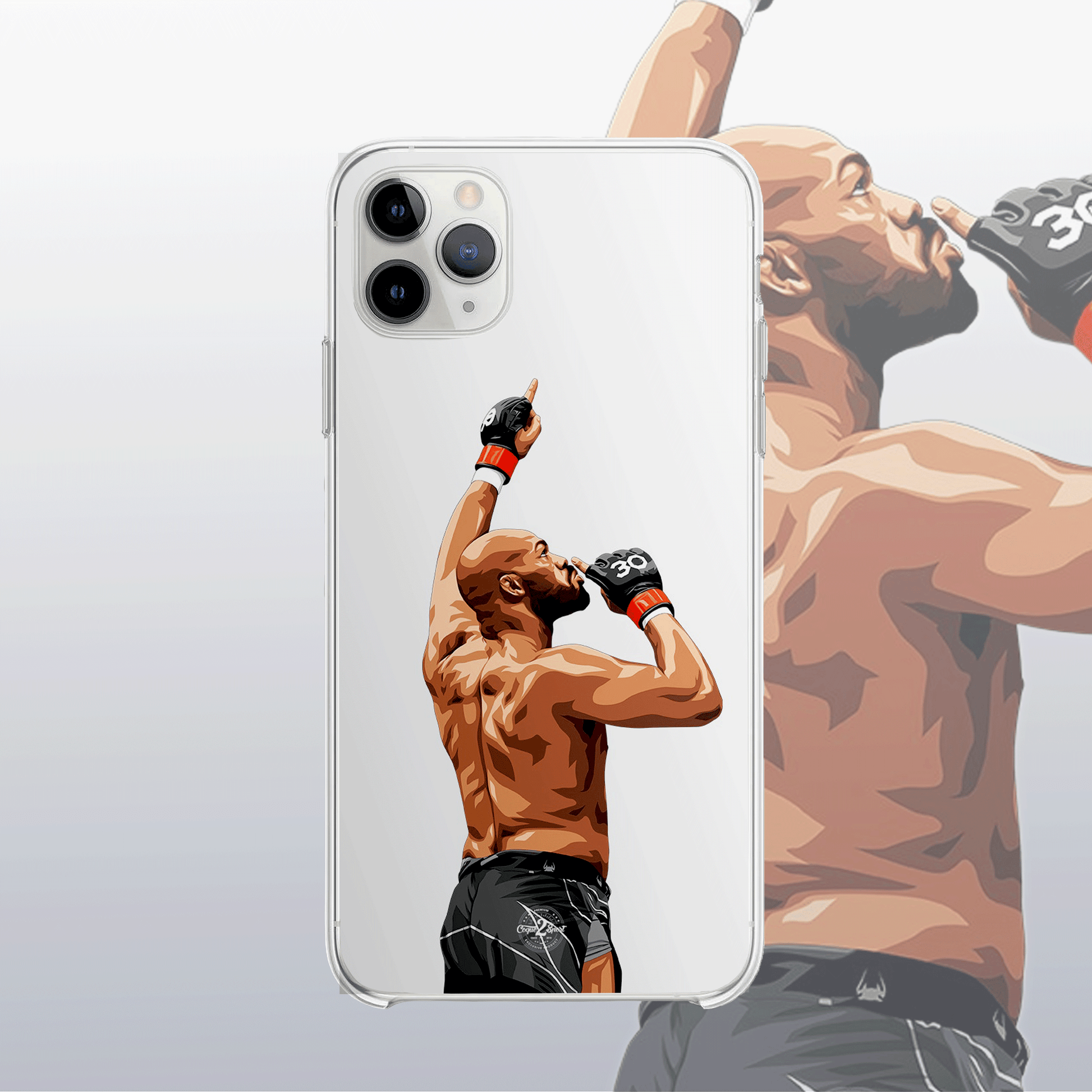 Coque transparente Jon Jones (modèle 2) – silhouette du combattant, style affûté et puissant.