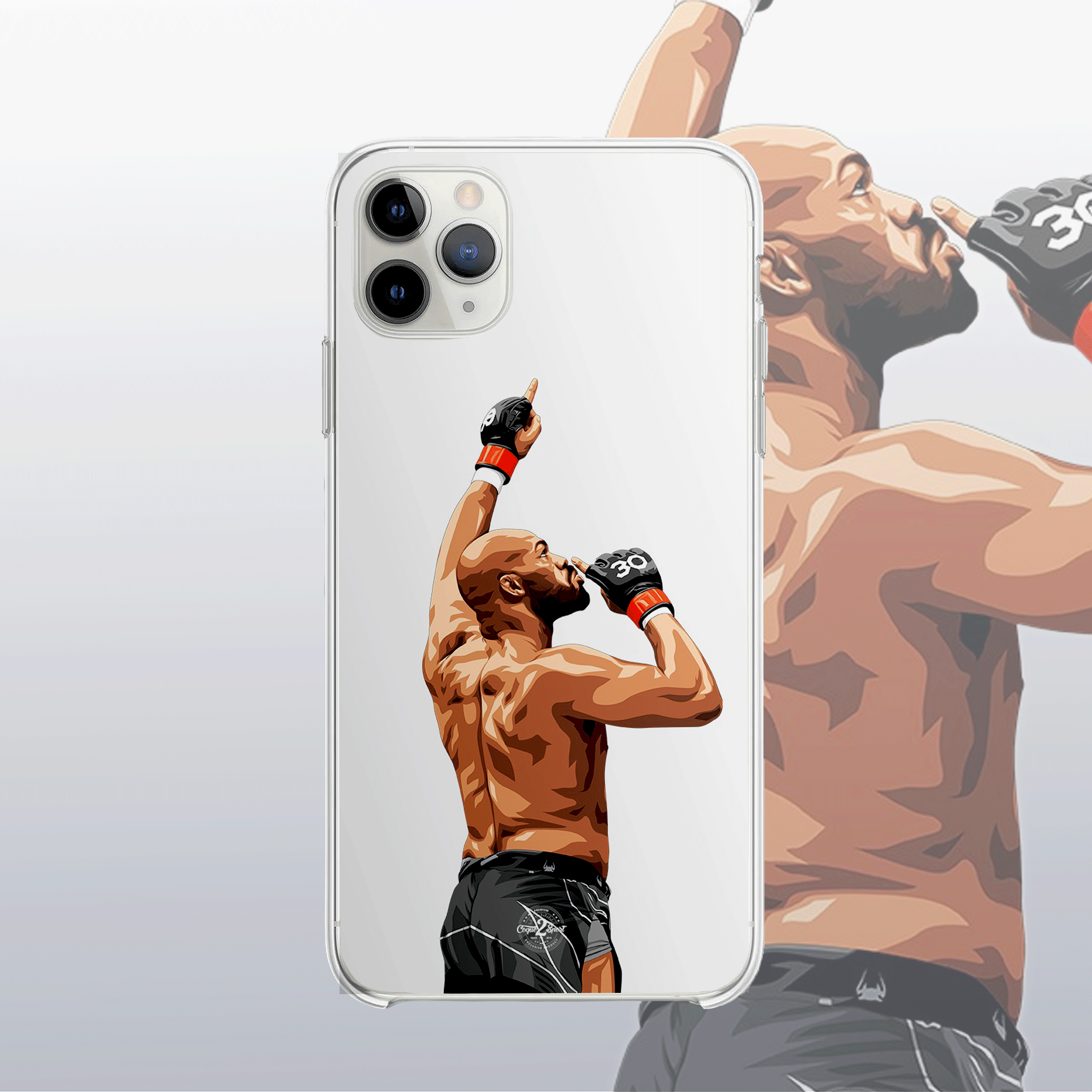 Coque transparente Jon Jones (modèle 2) – silhouette du combattant, style affûté et puissant.
