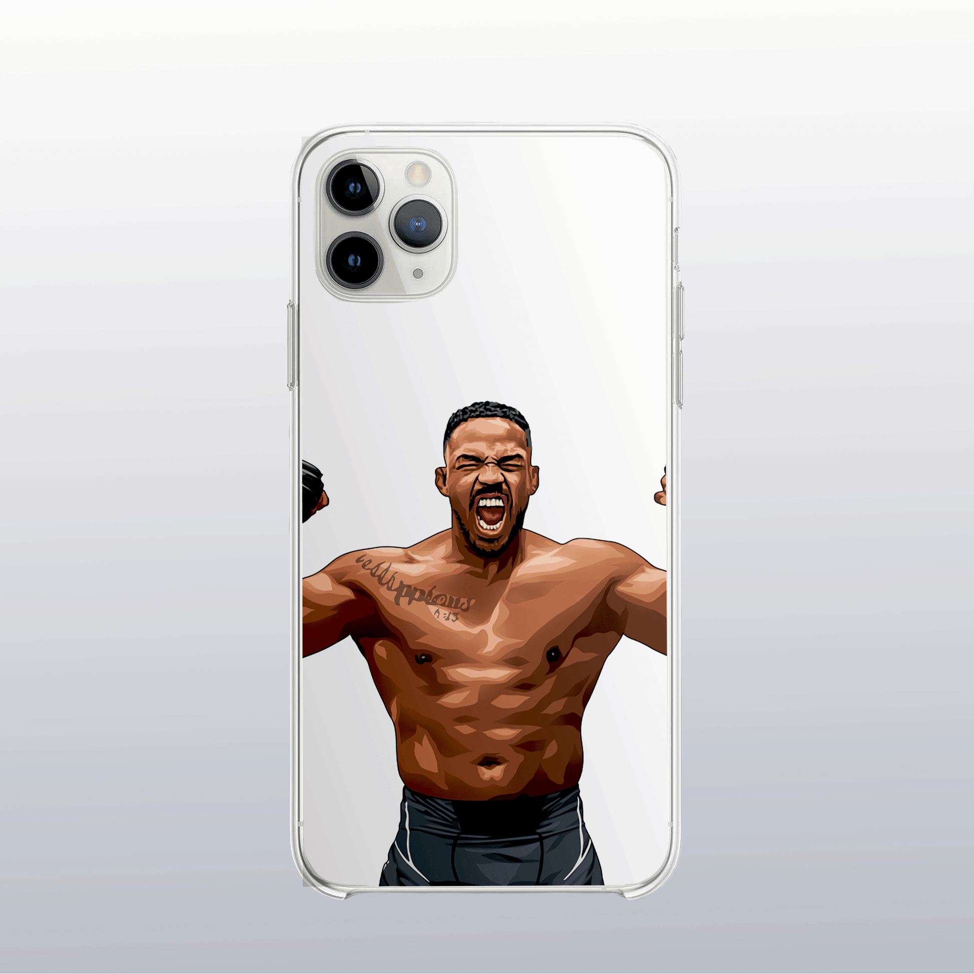 Coque transparente Jon Jones – silhouette du combattant, style épuré et redoutable.