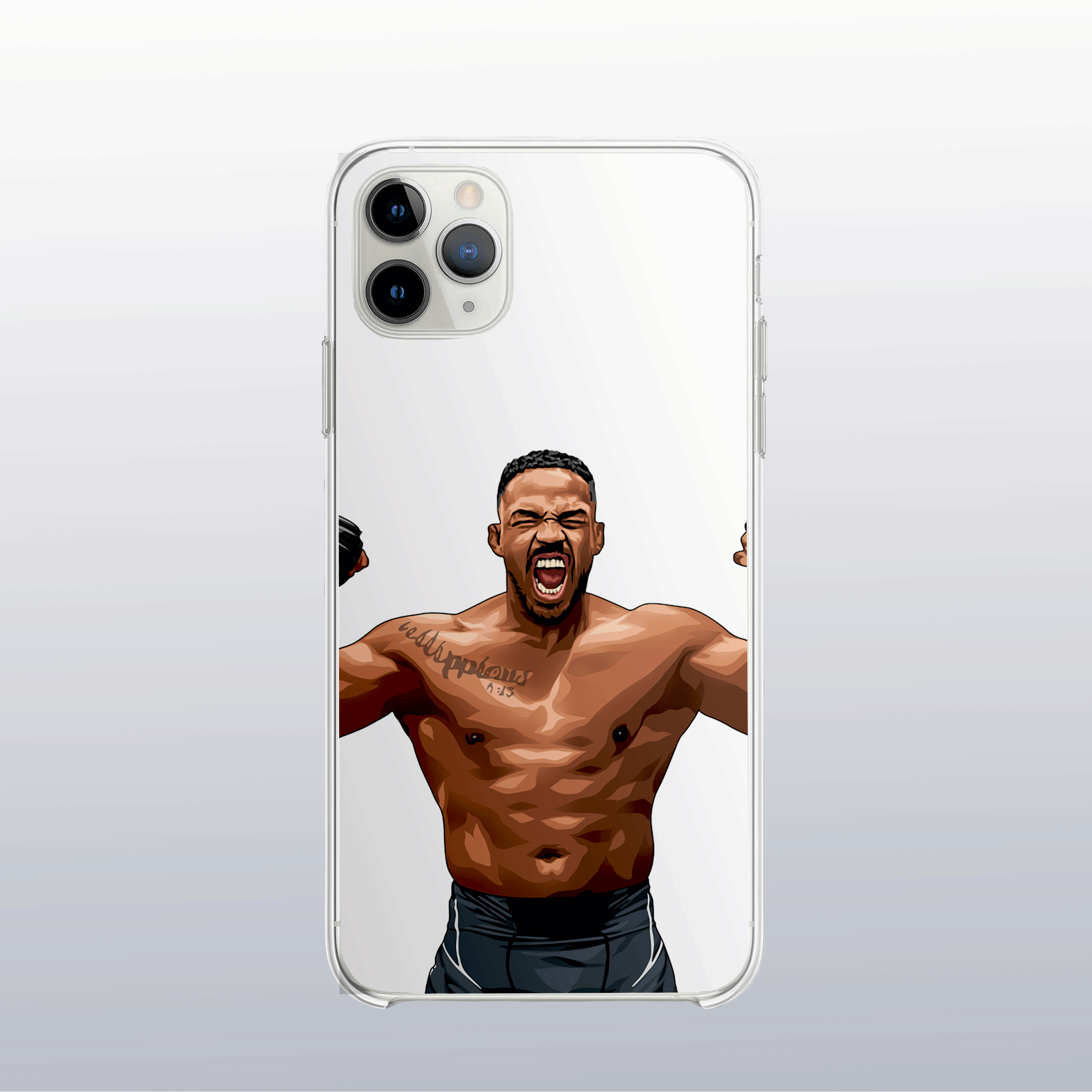 Coque transparente Jon Jones – silhouette du combattant, style épuré et redoutable.