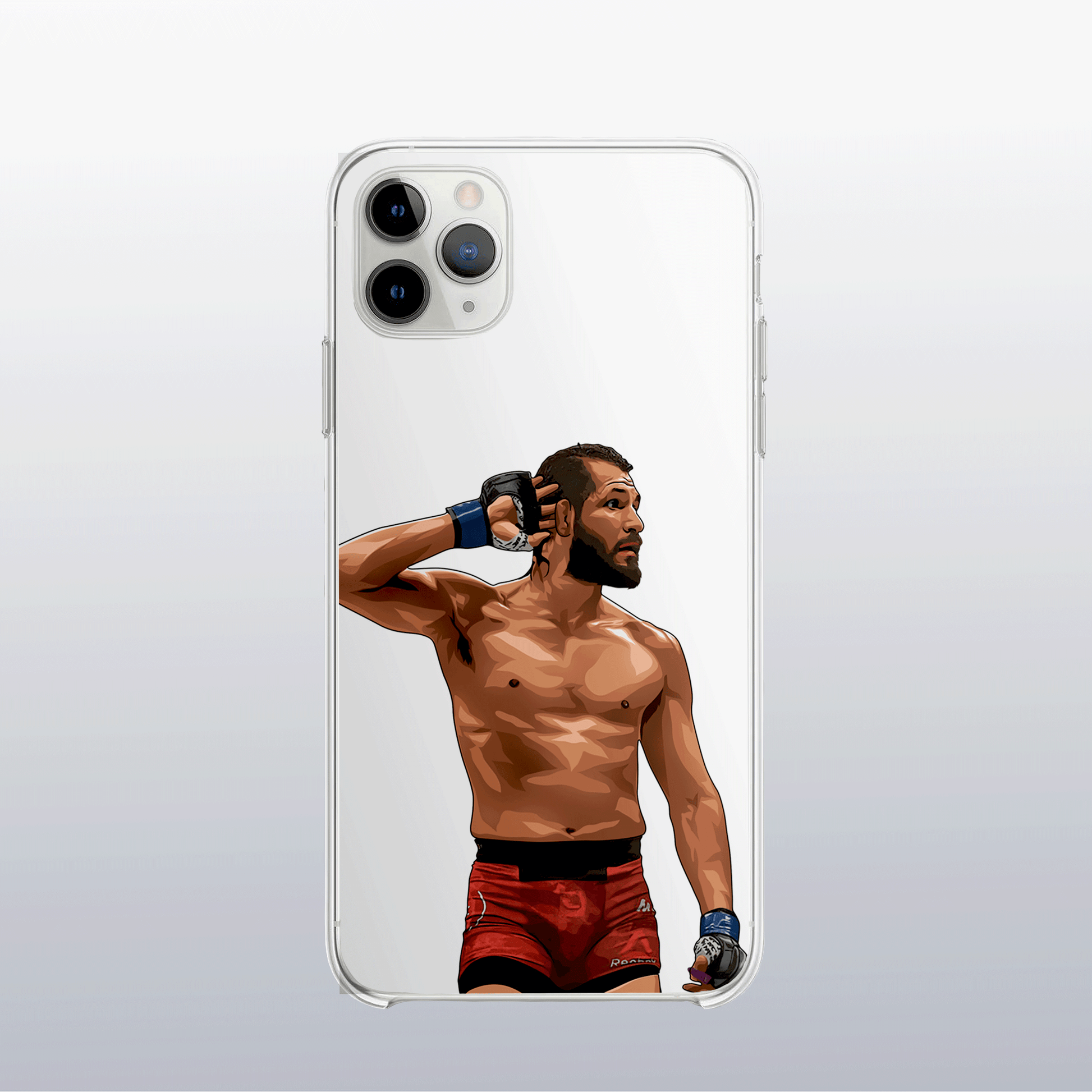 Coque transparente Jorge Masvidal – silhouette du combattant, style épuré et provocateur.