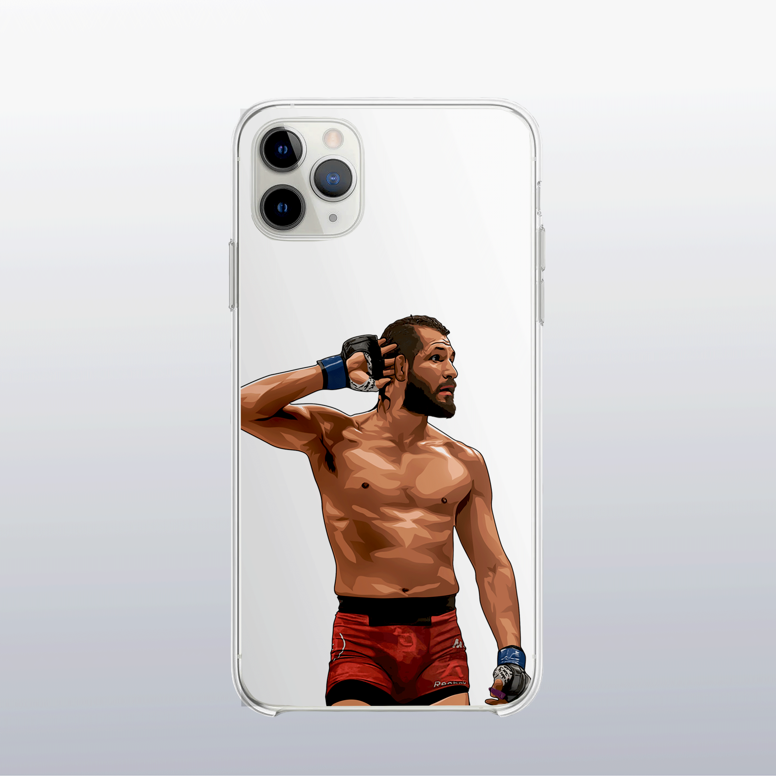Coque transparente Jorge Masvidal – silhouette du combattant, style épuré et provocateur.