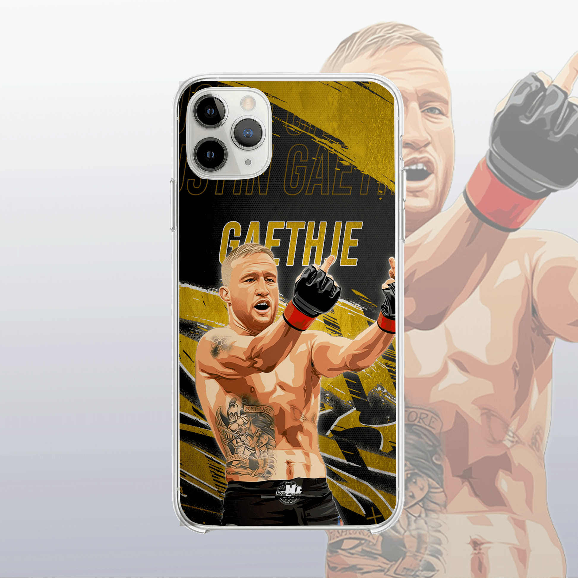 Coque Justin Gaethje Gold Edition – fond doré moderne et visuel explosif, à l’image de son style agressif.