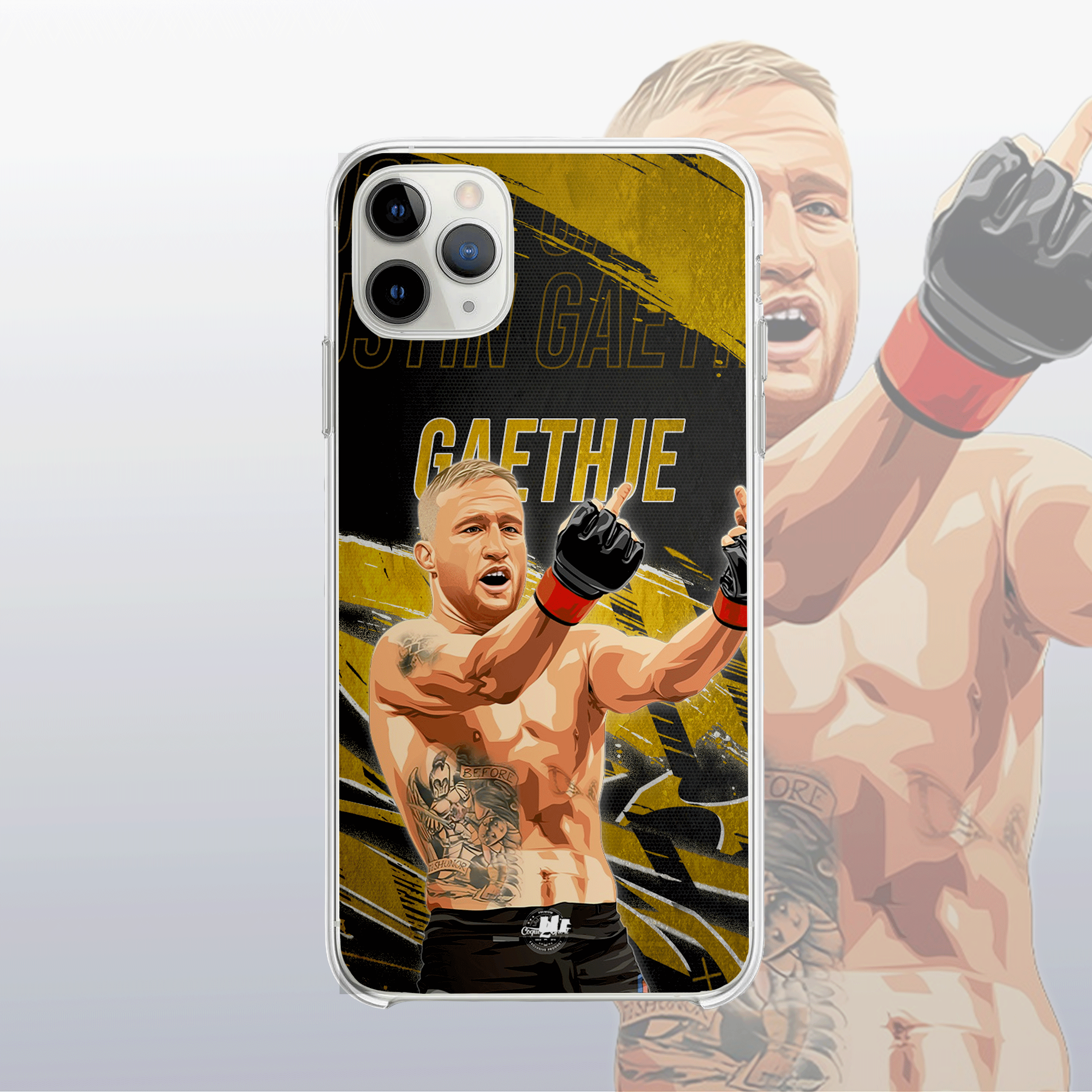 Coque Justin Gaethje Gold Edition – fond doré moderne et visuel explosif, à l’image de son style agressif.