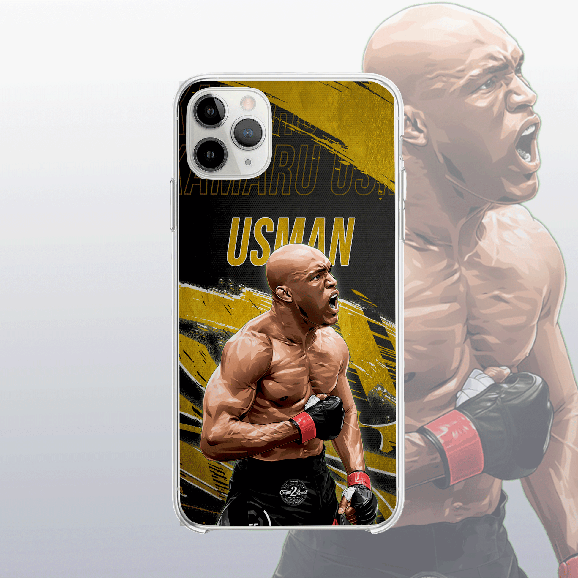 Coque Kamaru Usman Gold Edition – fond doré moderne et visuel puissant, reflet de son règne en welterweight.