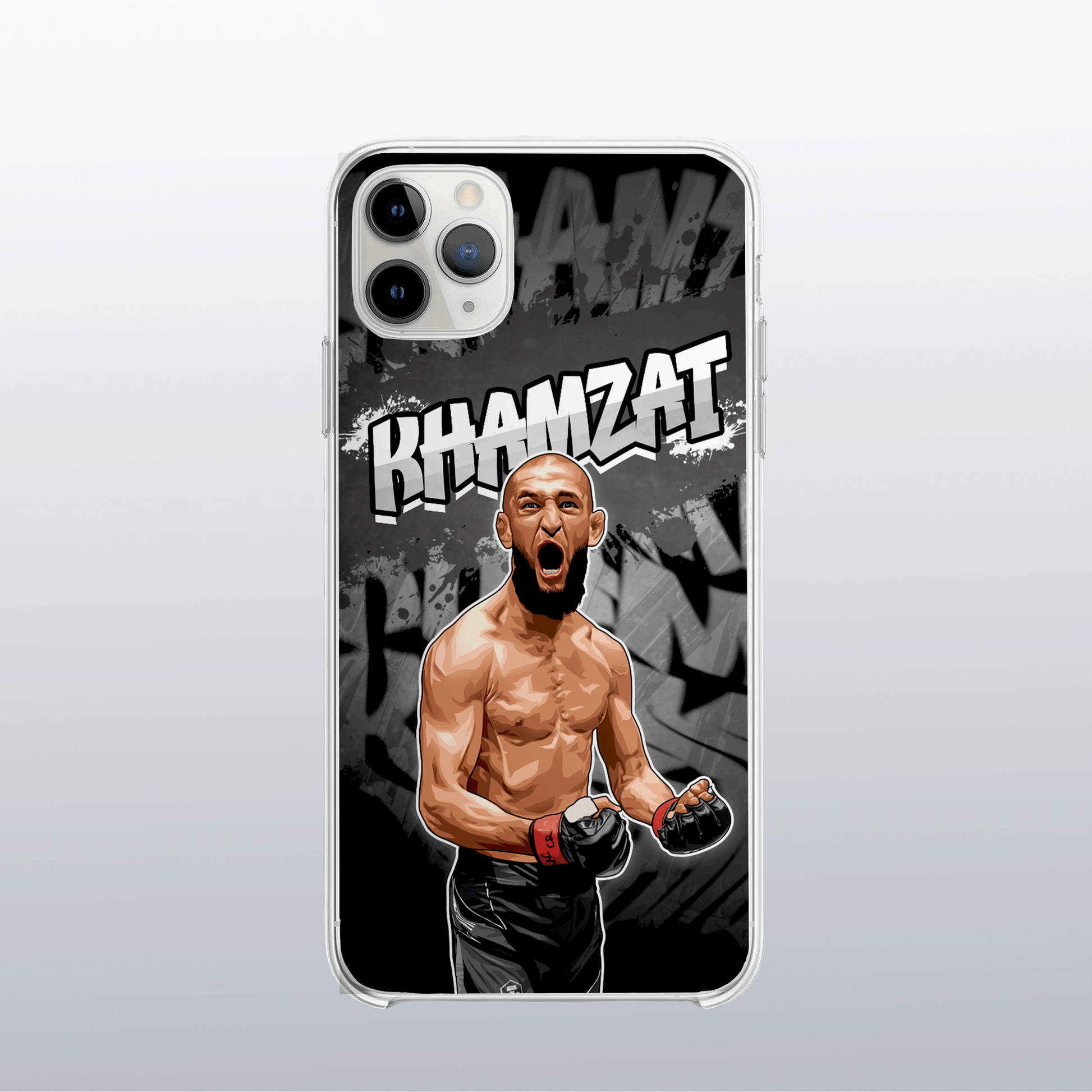 Coque de téléphone Khamzat Chimaev (modèle 2) – design graff coloré sur fond MMA, ambiance électrique et impact visuel.