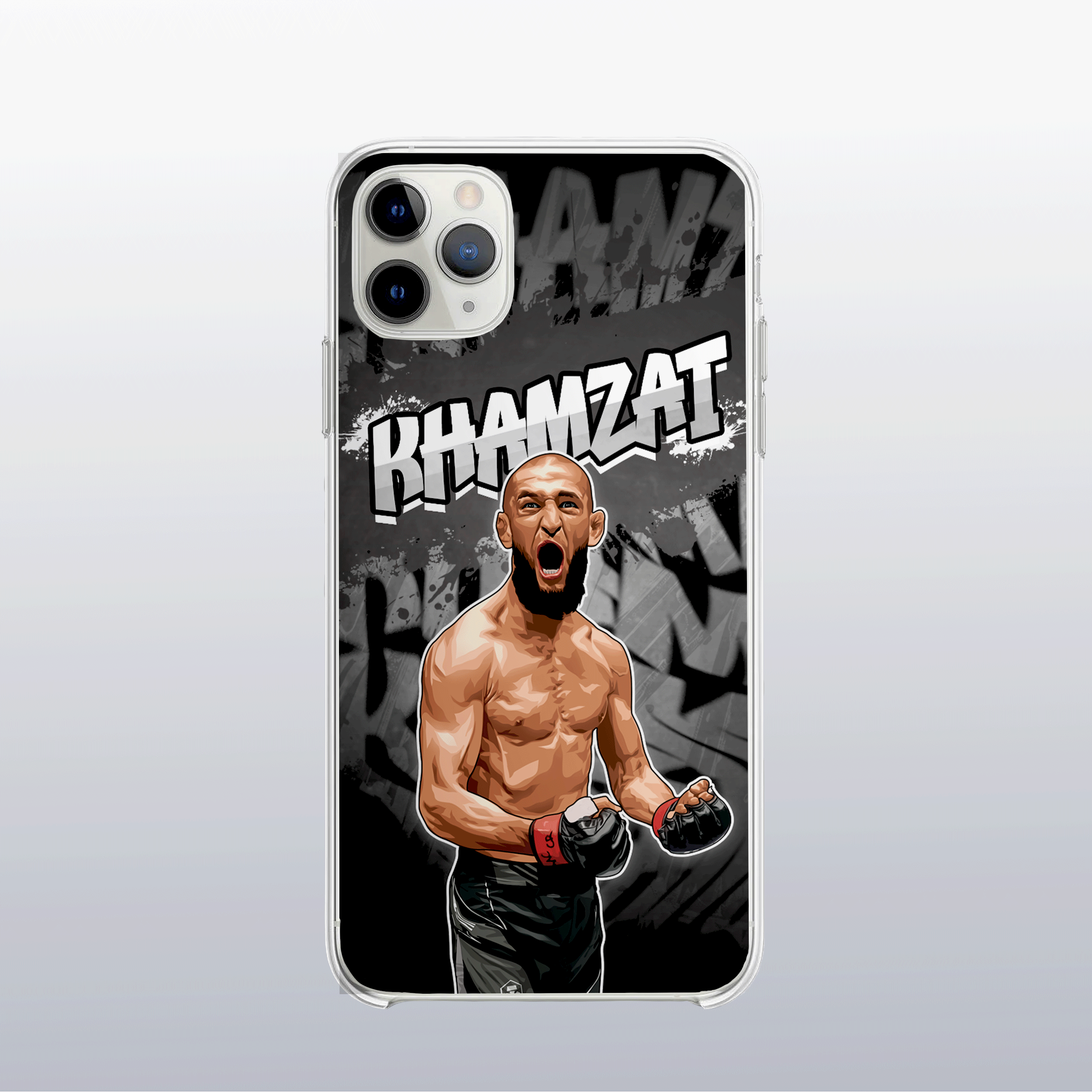 Coque de téléphone Khamzat Chimaev (modèle 2) – design graff coloré sur fond MMA, ambiance électrique et impact visuel.