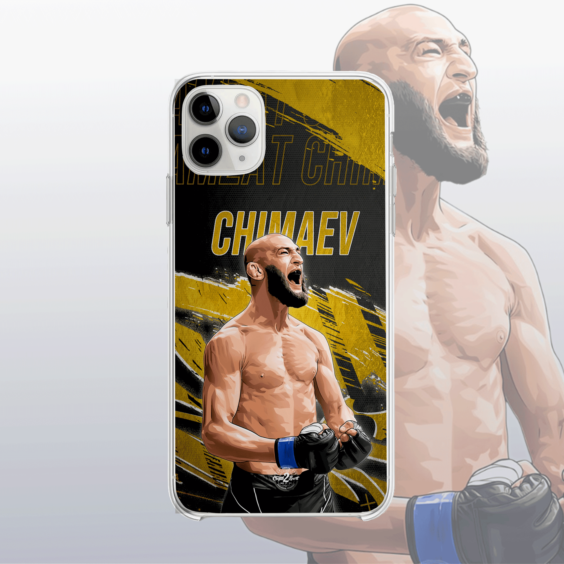 Coque Khamzat Chimaev Gold Edition – fond doré moderne et visuel intense, à l’image de son style agressif et dominant.