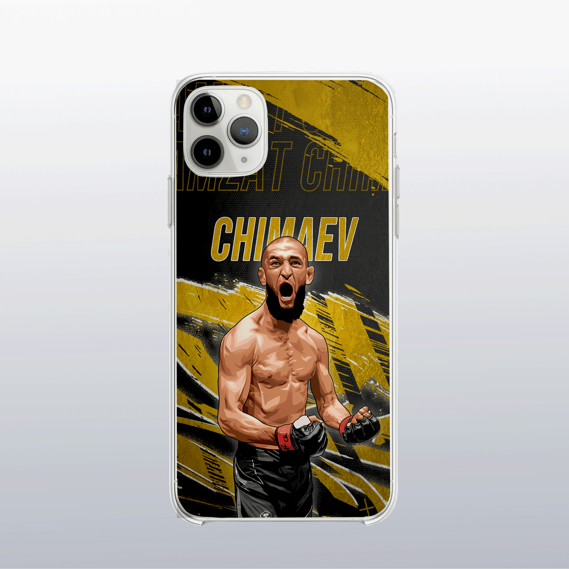 Coque Khamzat Chimaev Gold Edition (modèle 2) – fond doré texturé et visuel puissant, inspiré de sa montée fulgurante.