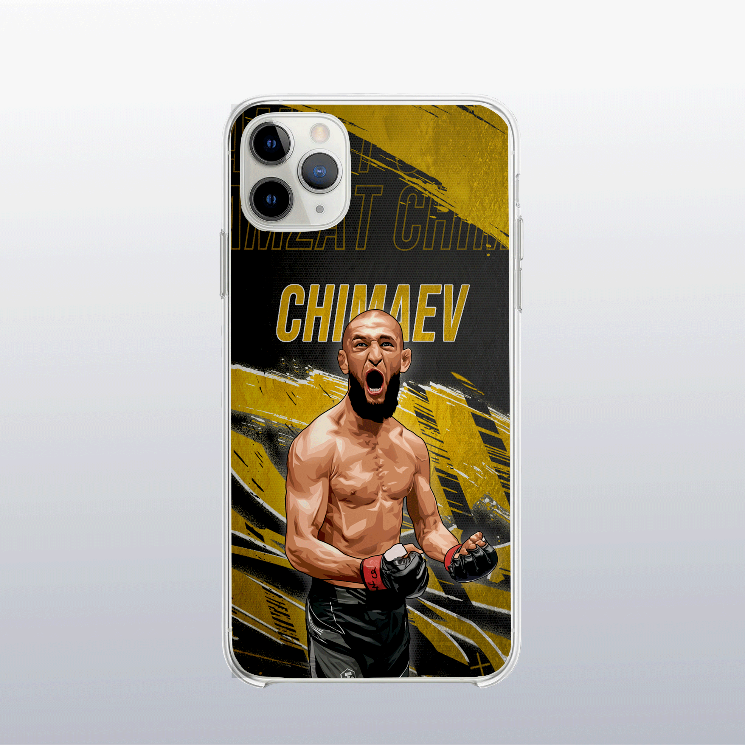 Coque Khamzat Chimaev Gold Edition (modèle 2) – fond doré texturé et visuel puissant, inspiré de sa montée fulgurante.