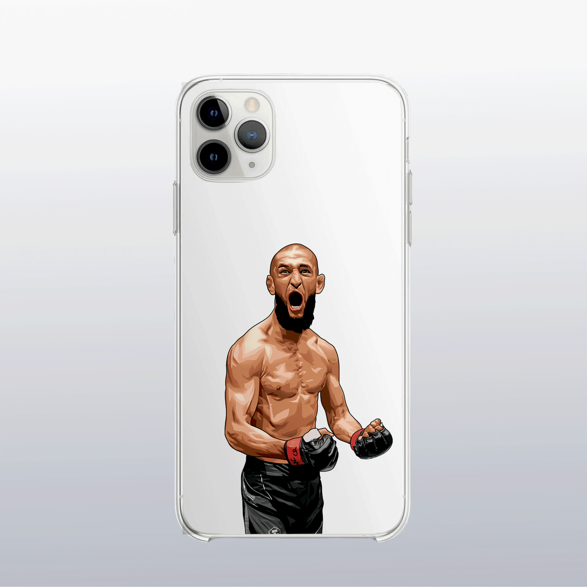 Coque transparente Khamzat Chimaev (modèle 2) – silhouette du combattant, style épuré et explosif.