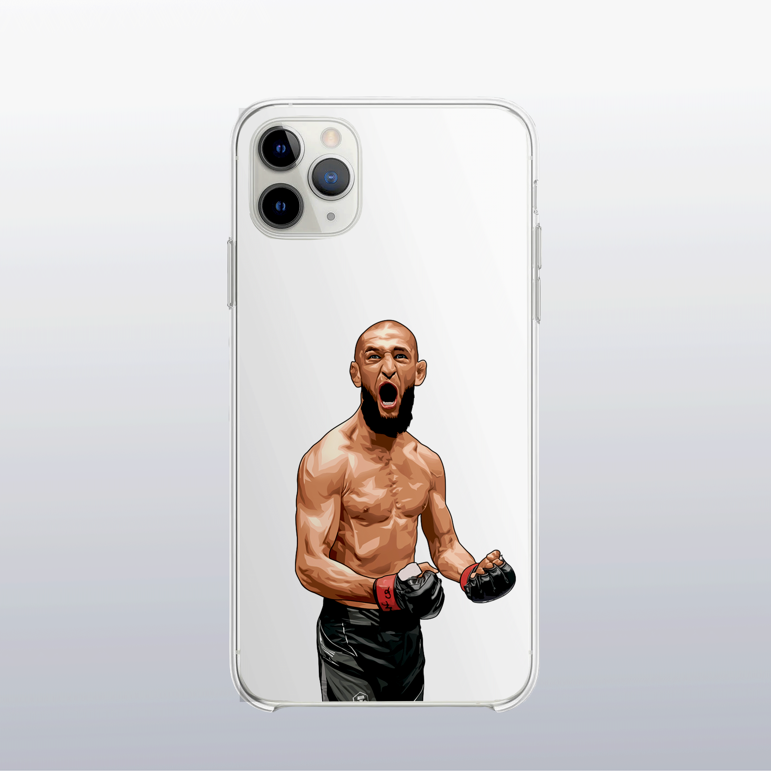 Coque transparente Khamzat Chimaev (modèle 2) – silhouette du combattant, style épuré et explosif.